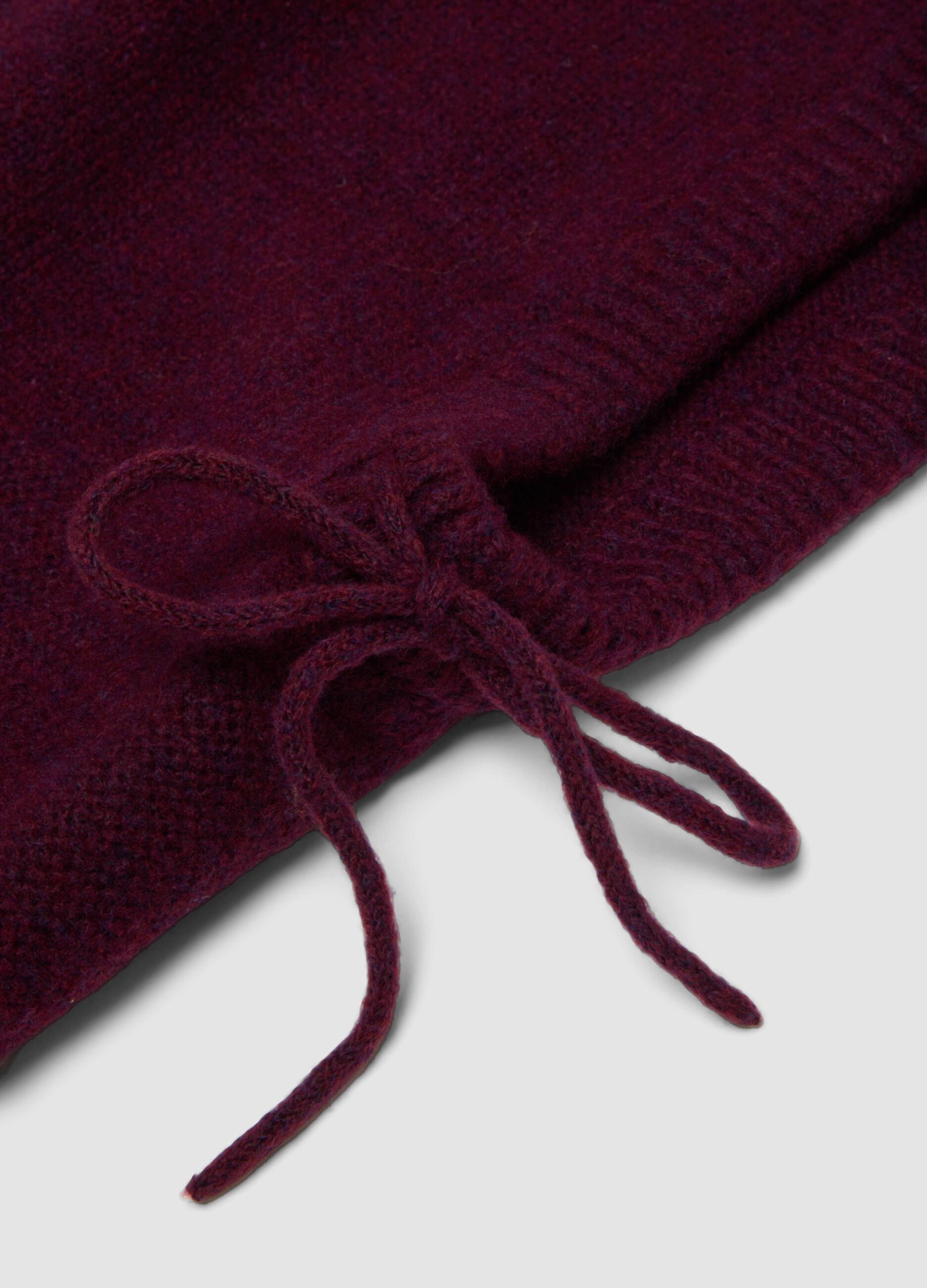 Burgundy stretch wool hood with tie cords