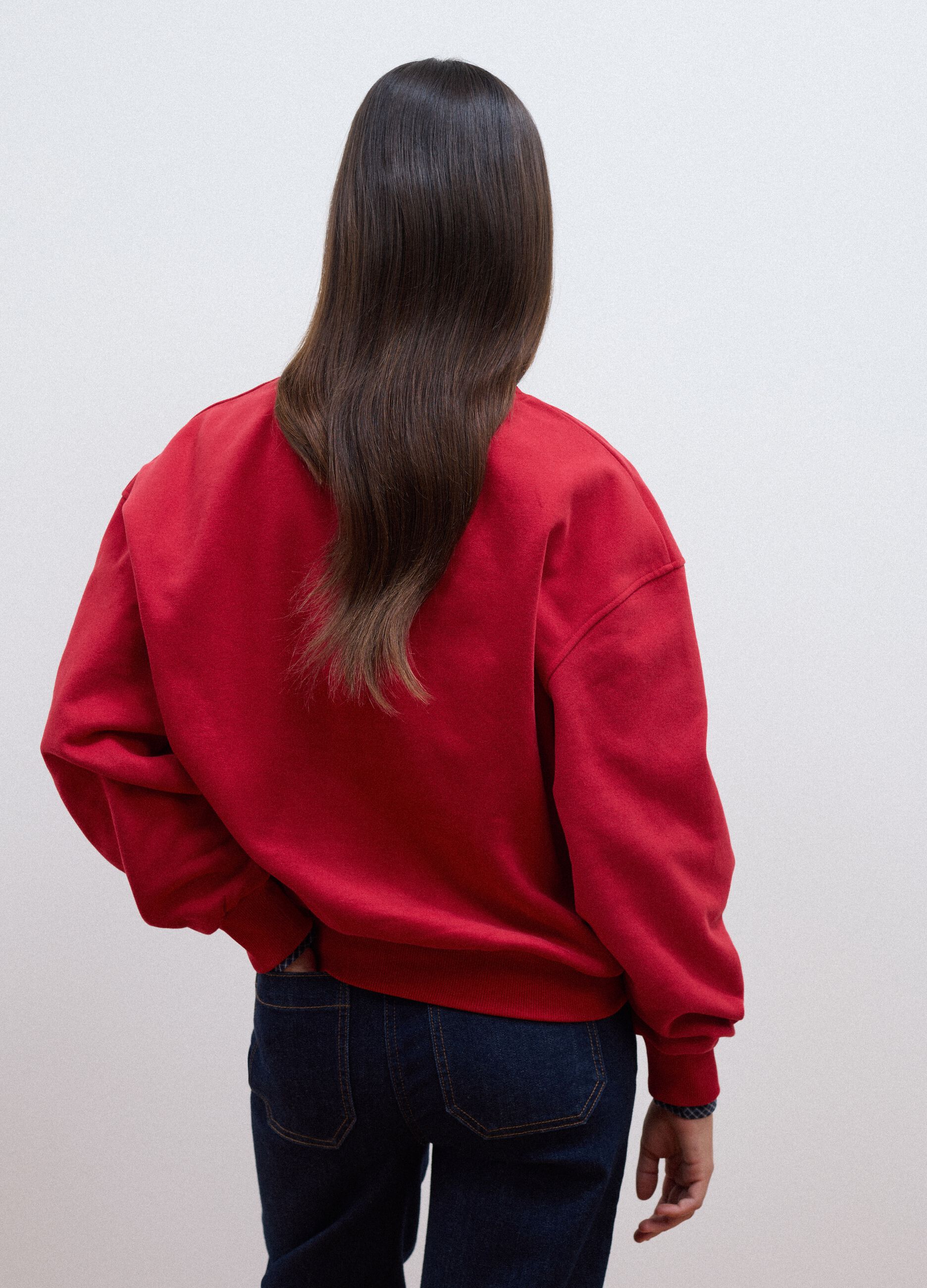 Red cotton-blend V-neck sweatshirt with oversized fit