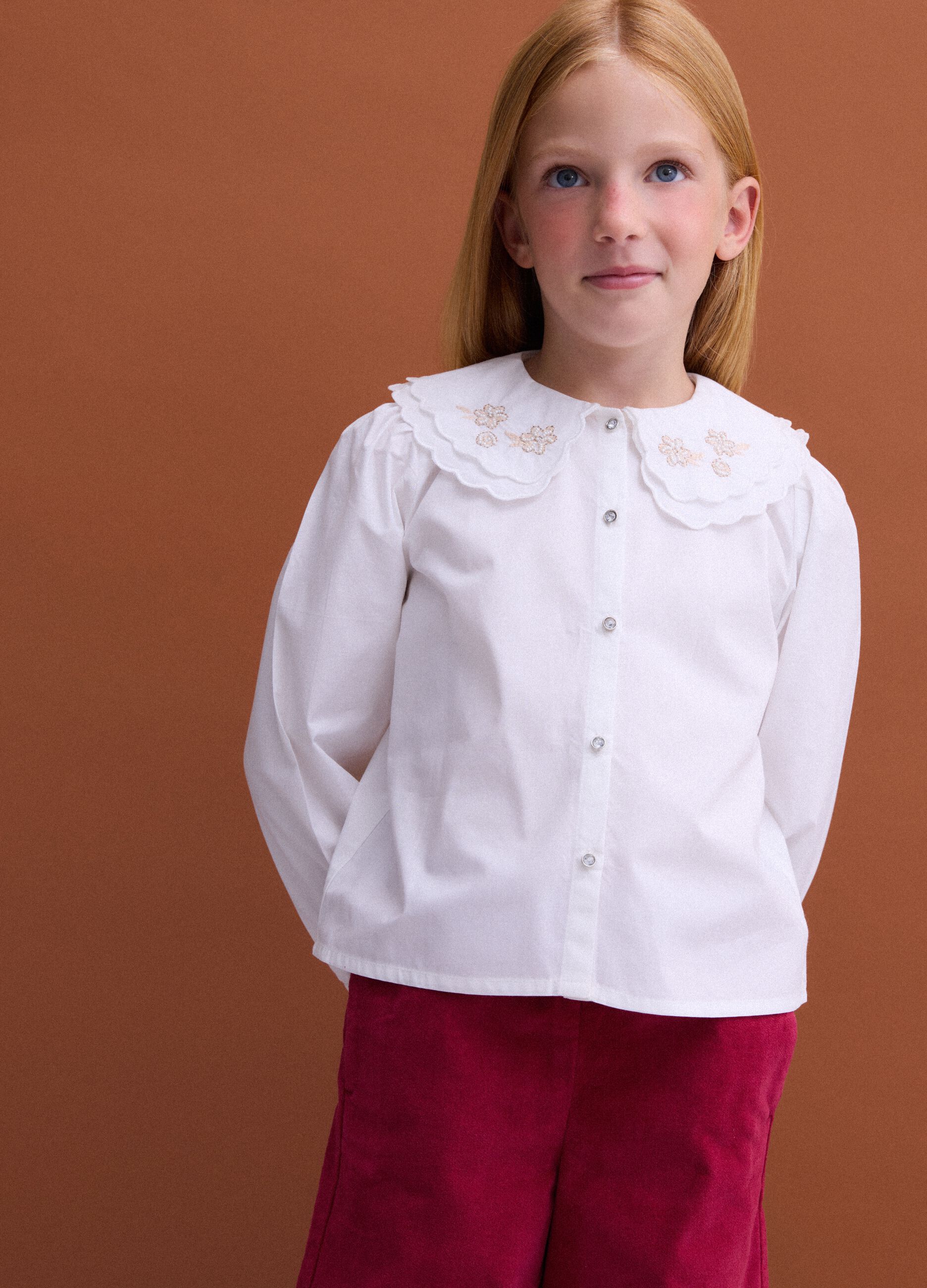 White pure cotton poplin shirt with embroidered wide collar, regular fit