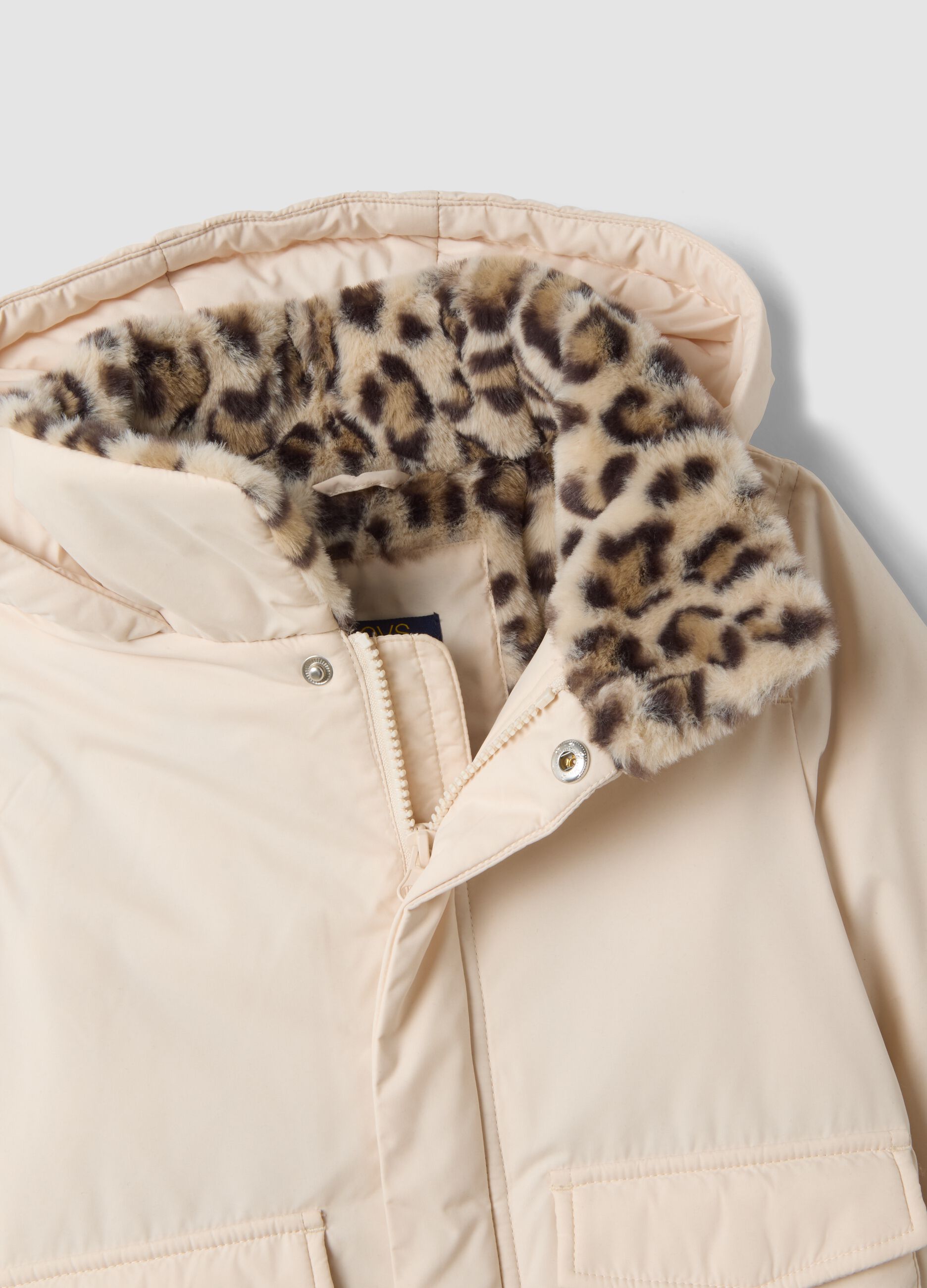 Pink padded hooded jacket with animal-print lining