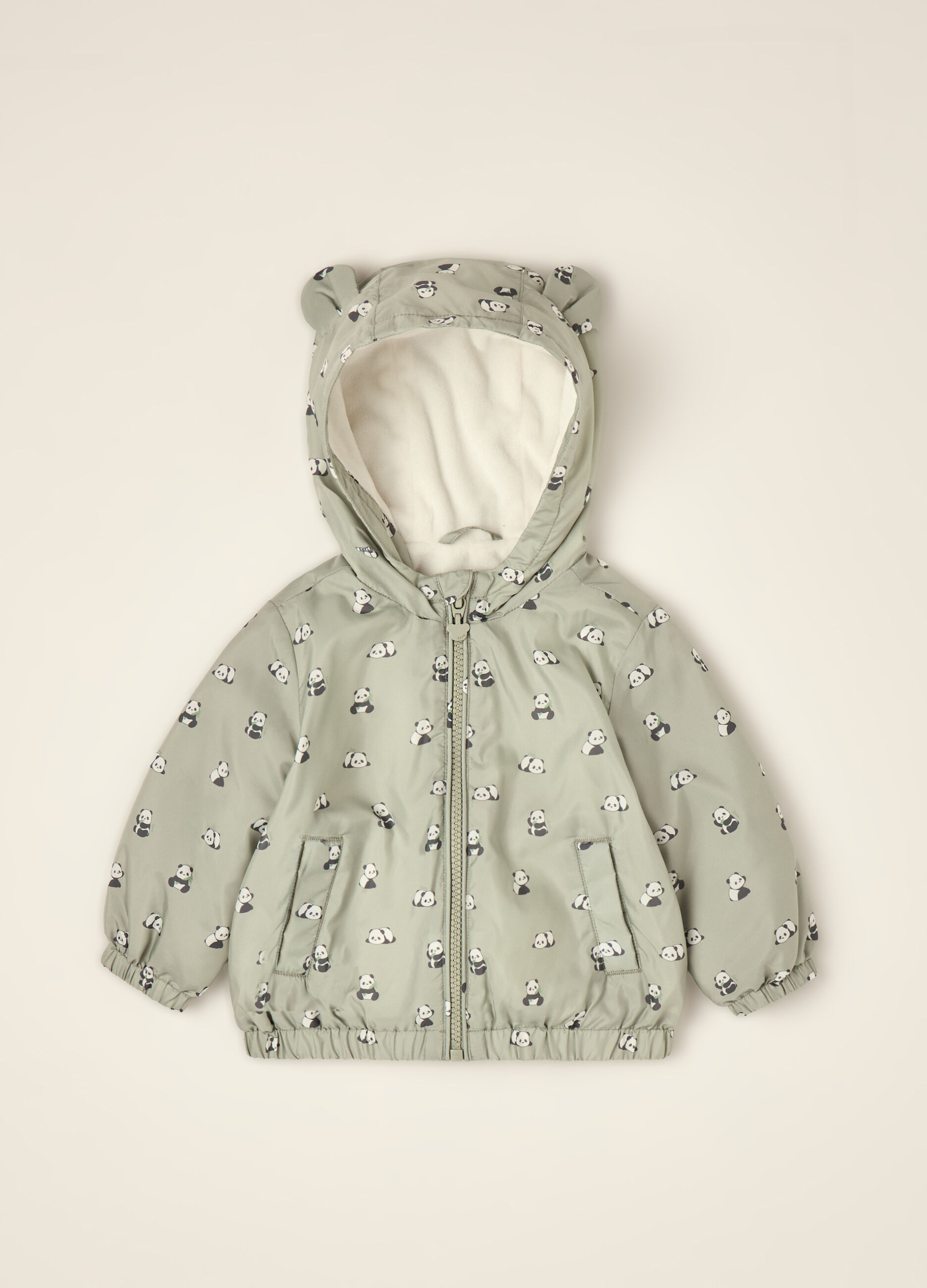 Green padded jacket with hood and panda print