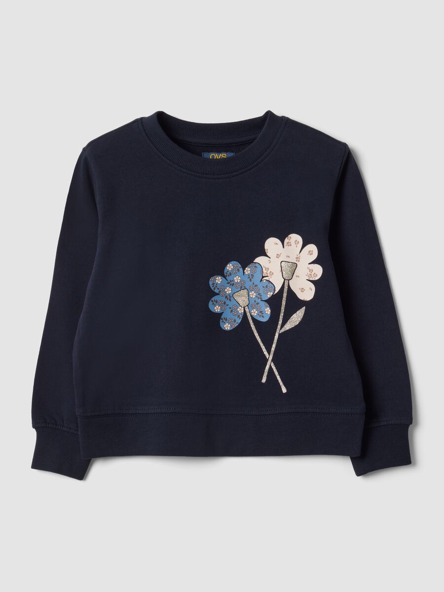 Blue pure cotton sweatshirt with crew neck and floral print_0