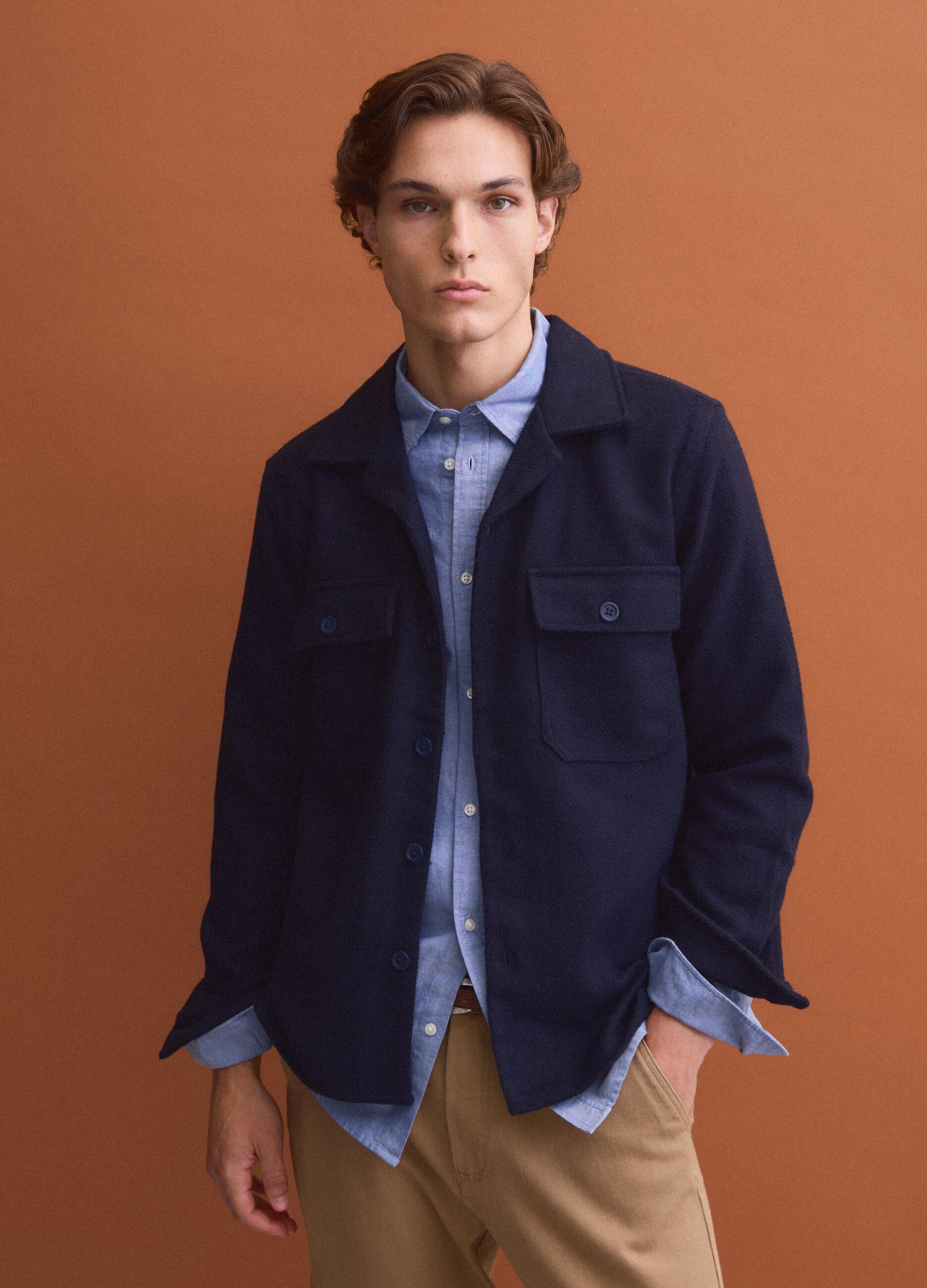 Blue wool and viscose-blend shacket with buttons, oversized fit