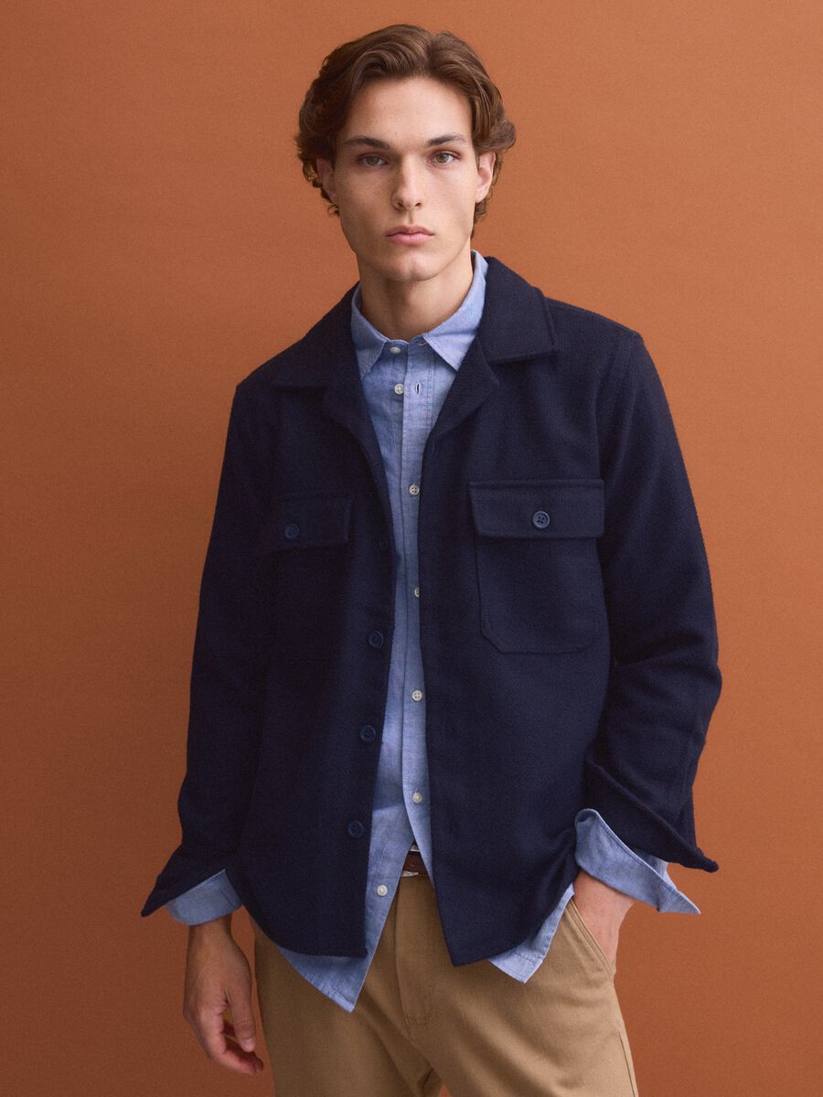 Blue wool and viscose-blend shacket with buttons, oversized fit_0