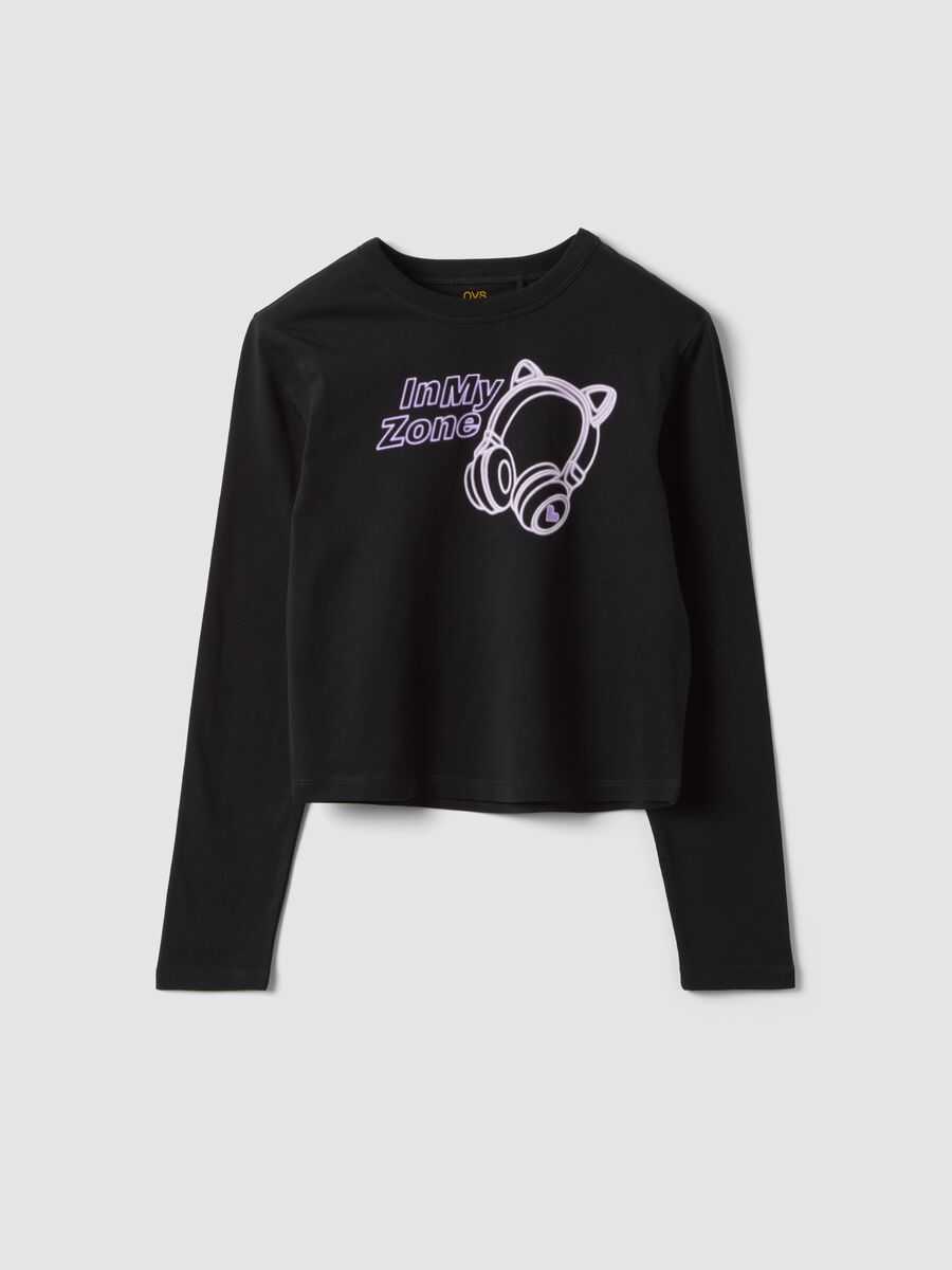Girls&rsquo; black organic cotton crop T-shirt with ribbed neck_3