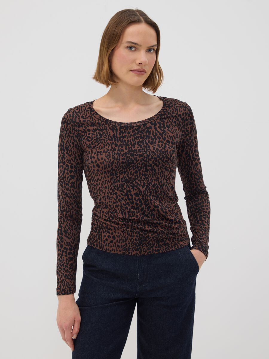Brown stretch viscose animal-print slim-fit T-shirt_1