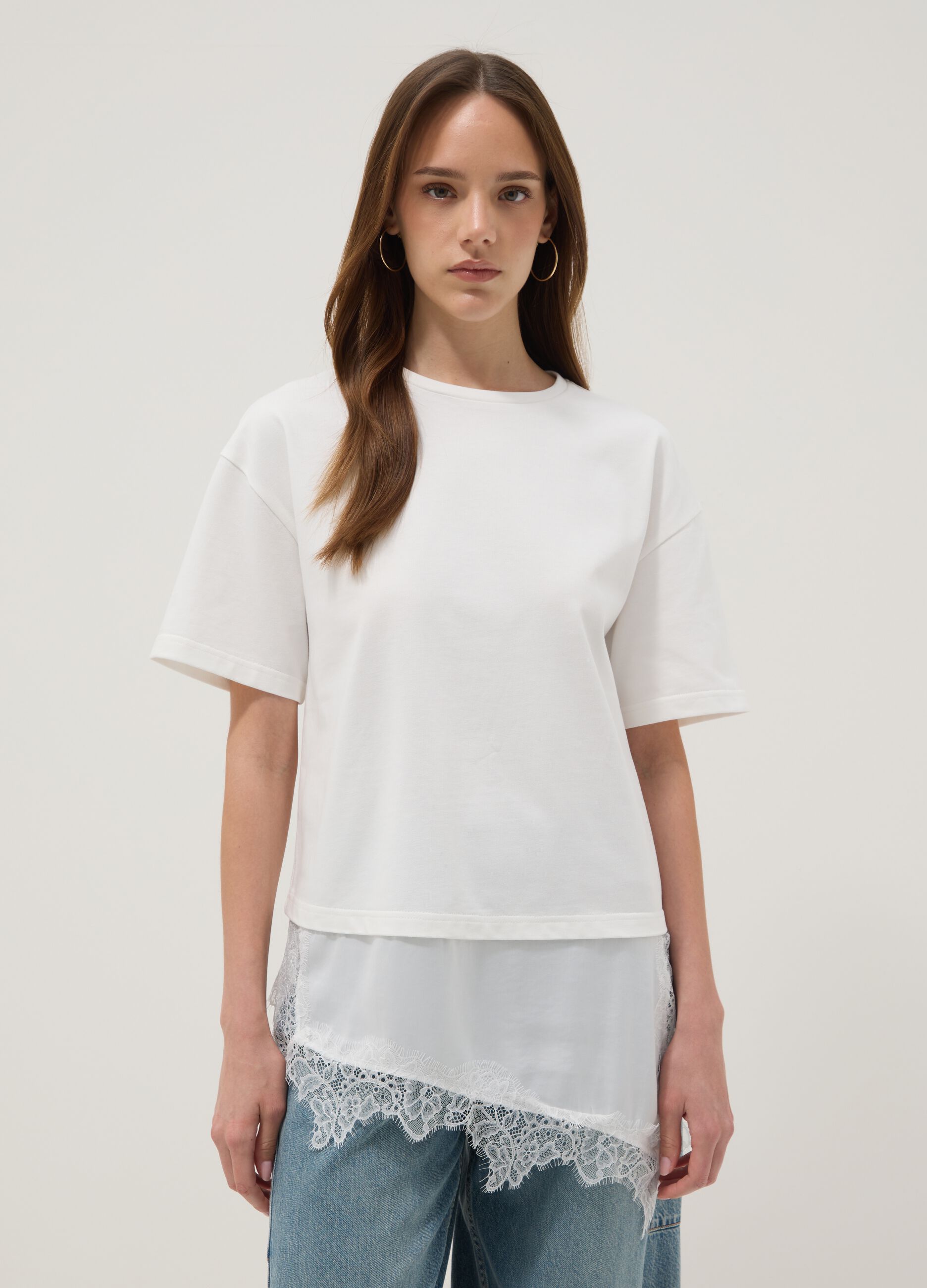 White pure cotton T-shirt with lace insert, relaxed fit