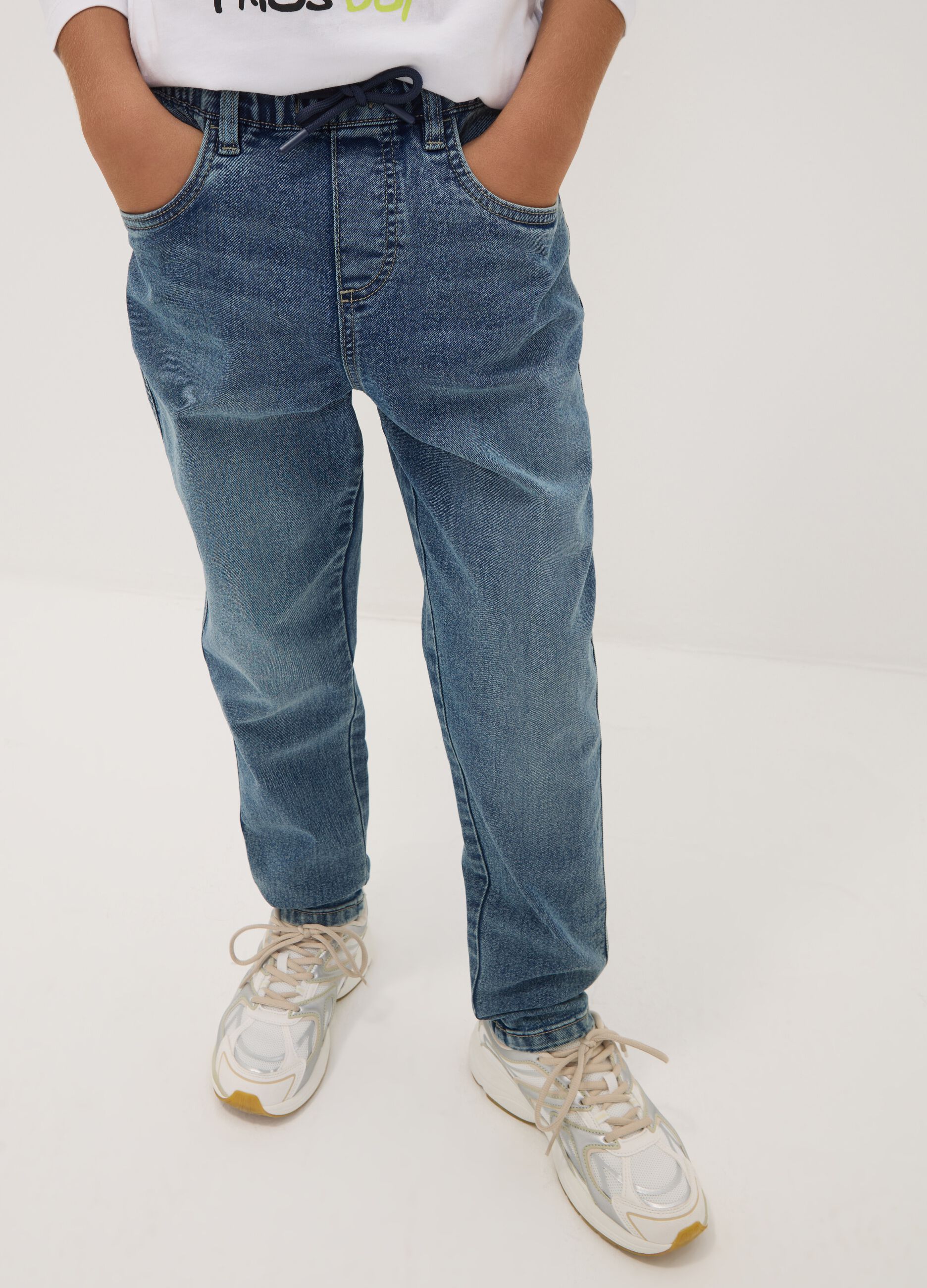 Blue stretch cotton jeans with elasticated waist for boys