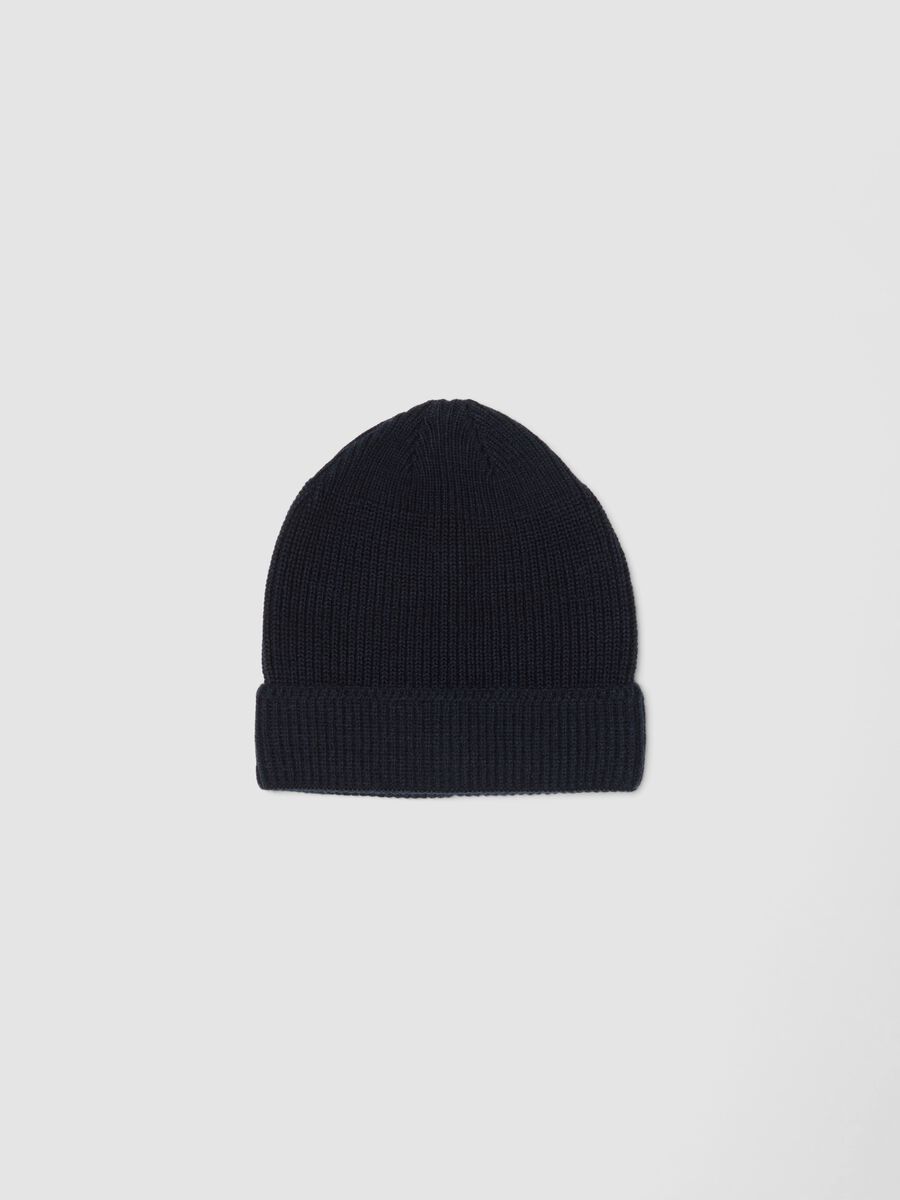 Blue rib-knit beanie with turn-up_0