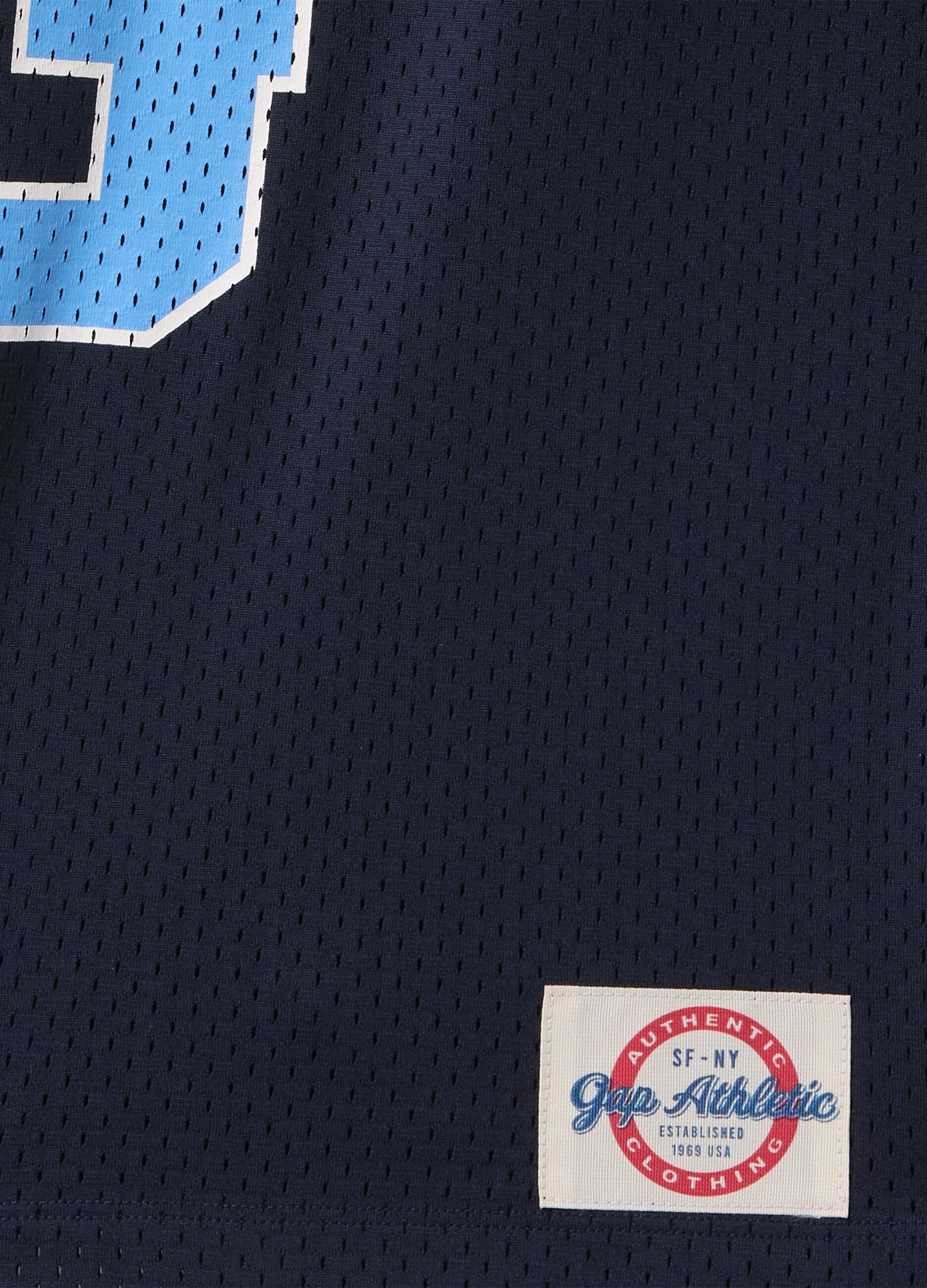 Blue sports jersey with logo and light blue accents