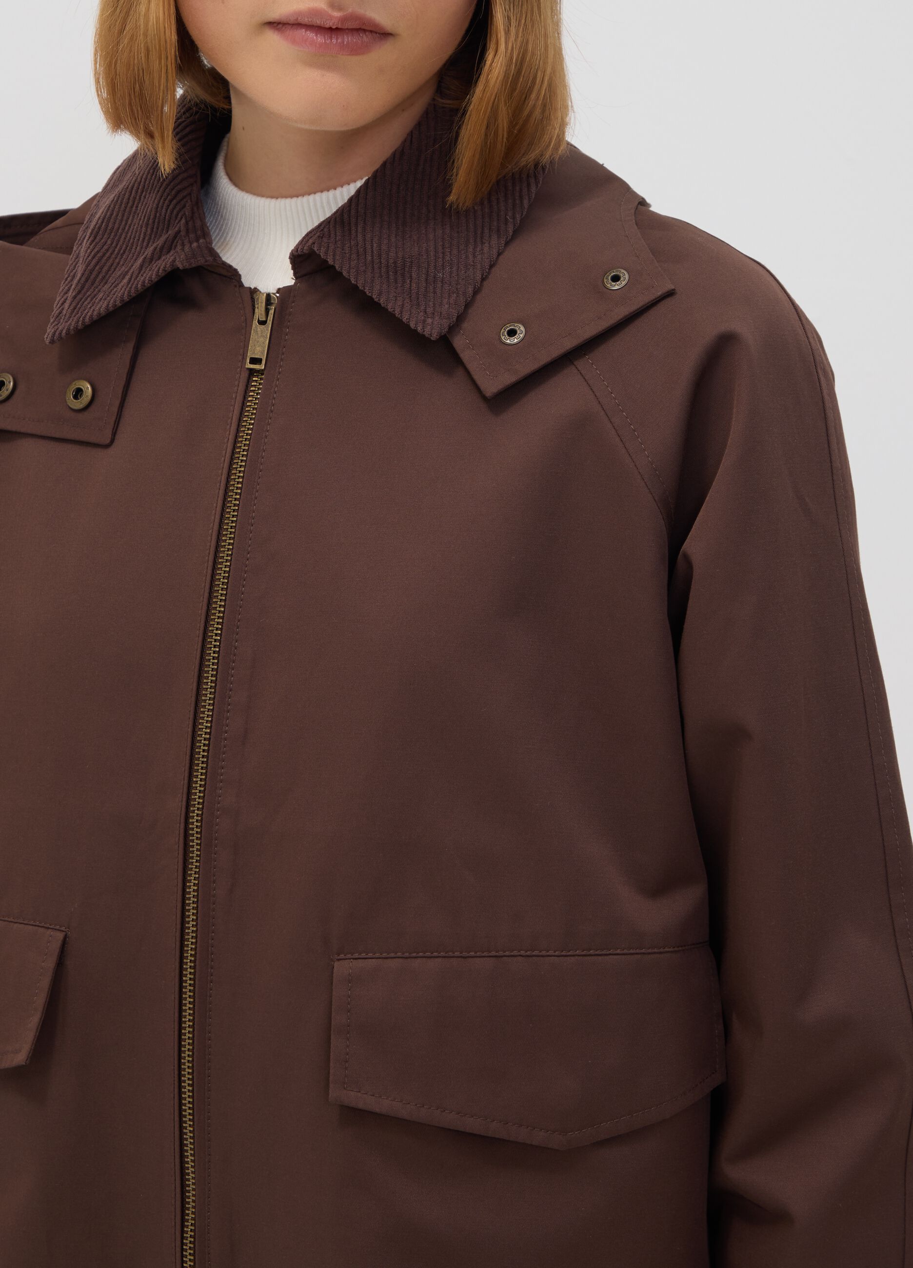 Brown cotton-blend parka jacket with hood and ribbed collar