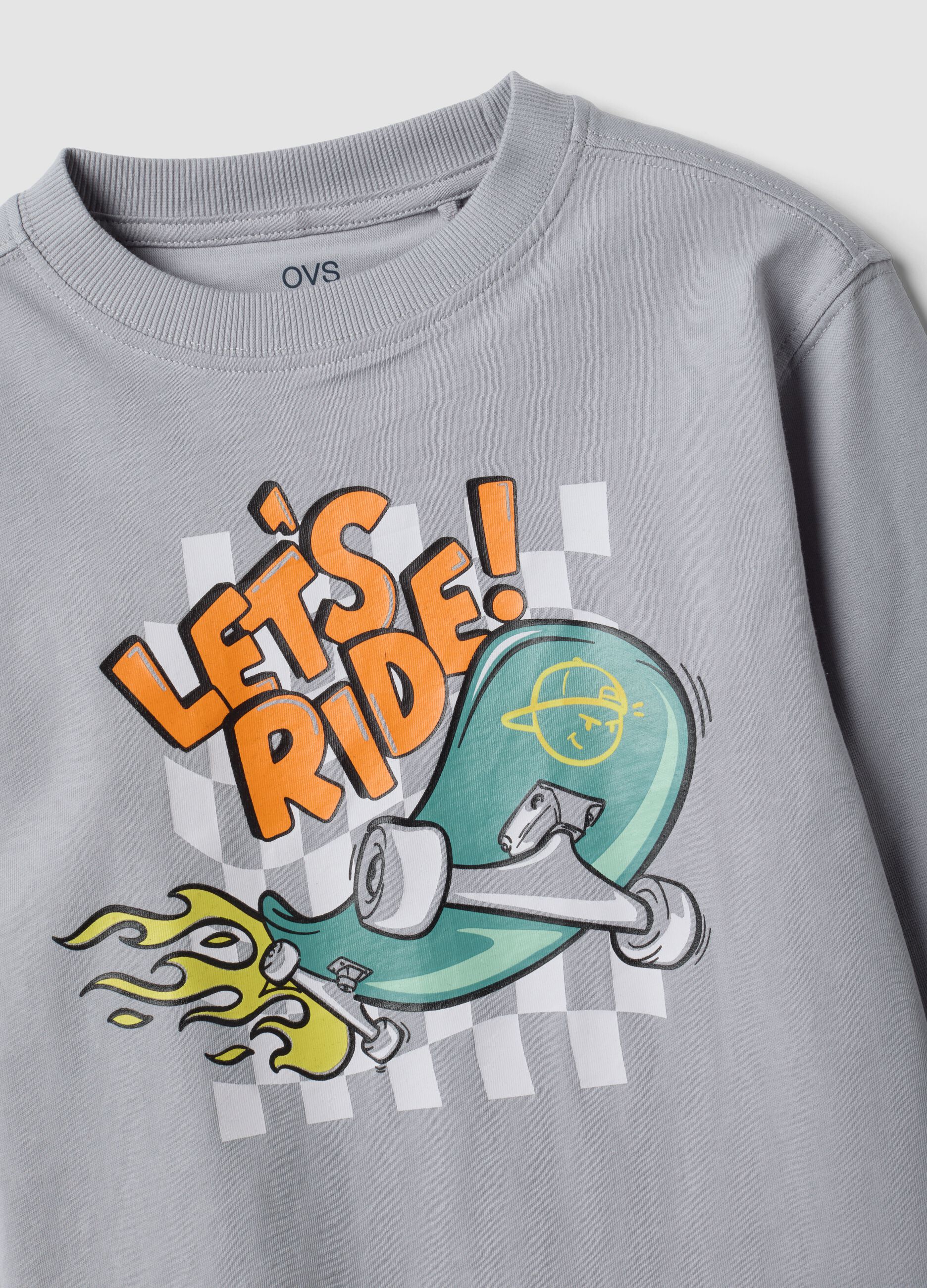 Grey pure cotton crew-neck T-shirt with skater print for boys