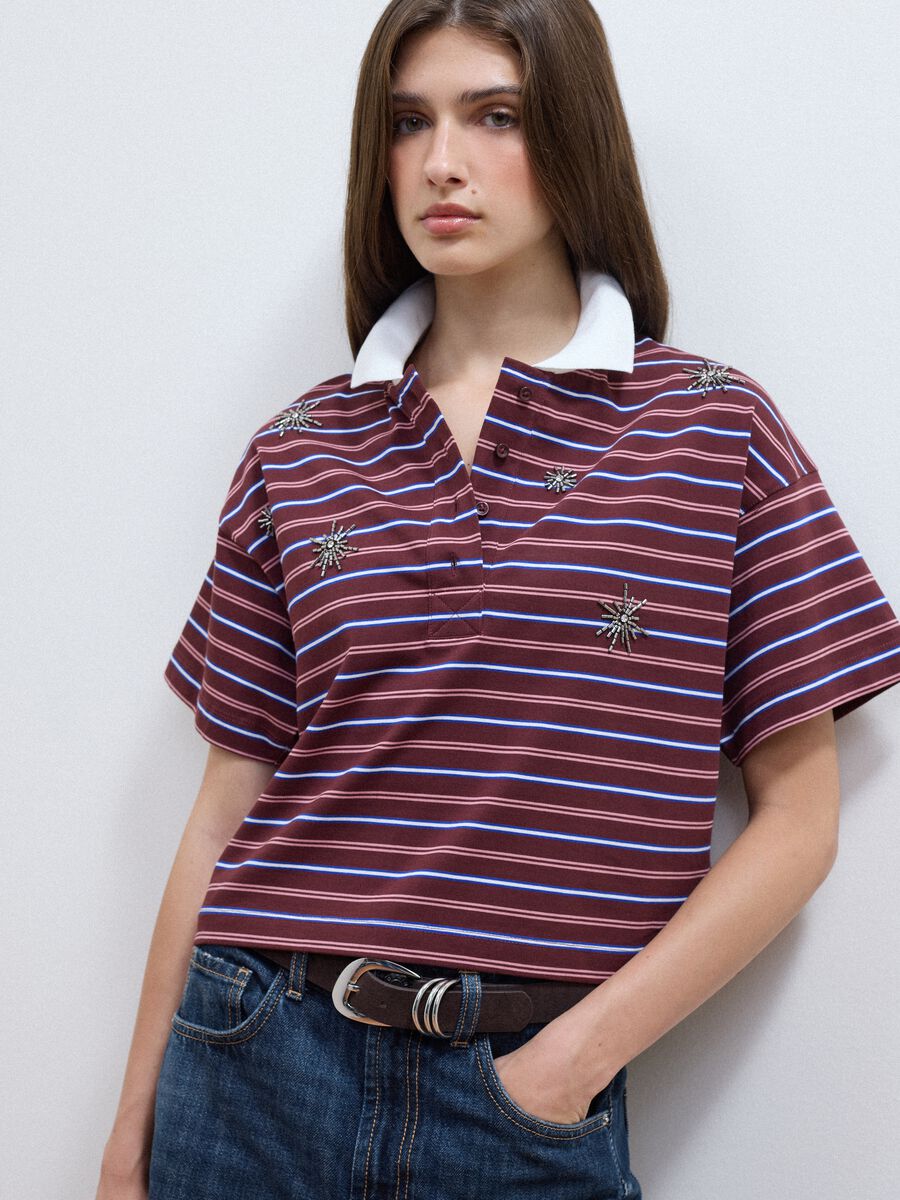 Multicolour striped pure cotton polo with oversized collar_0