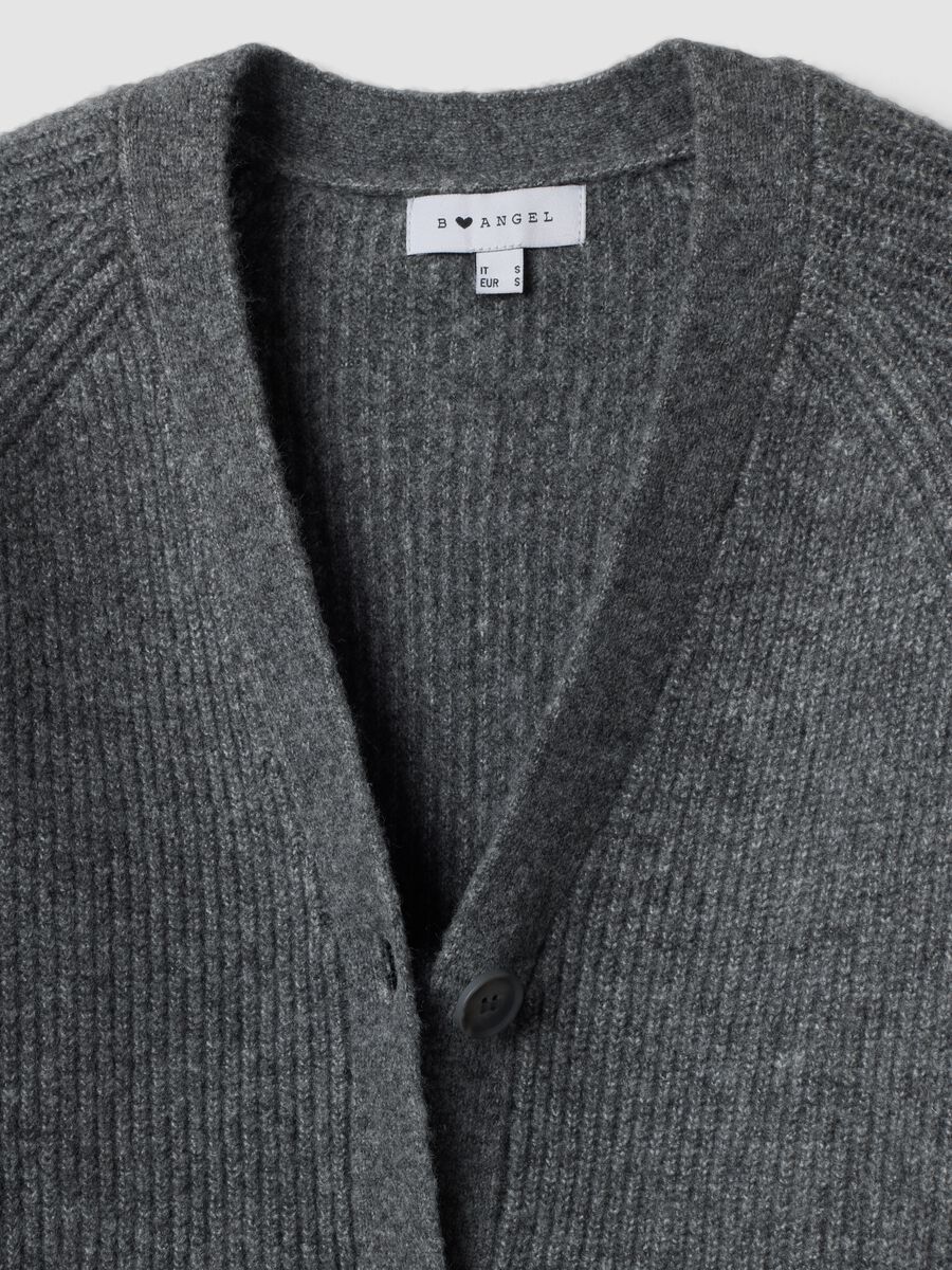 Grey stretch-wool cardigan with deep V-neck, oversized fit_5
