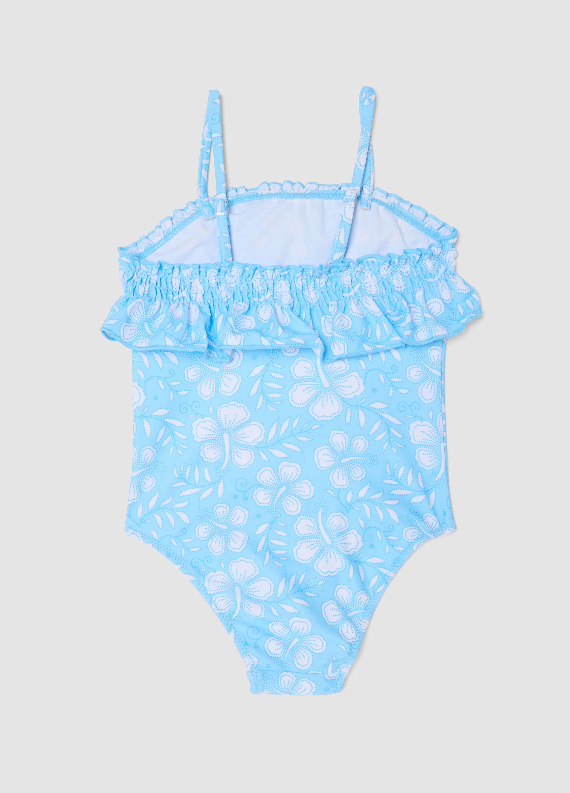 مايوه قطعة واحدة أزرق فاتح مع كشكشة للبنات