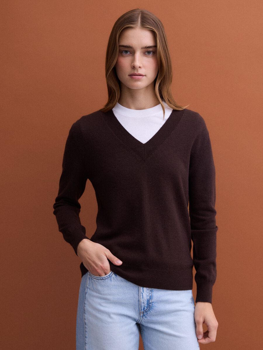 Brown pure wool jumper with deep V-neck_0