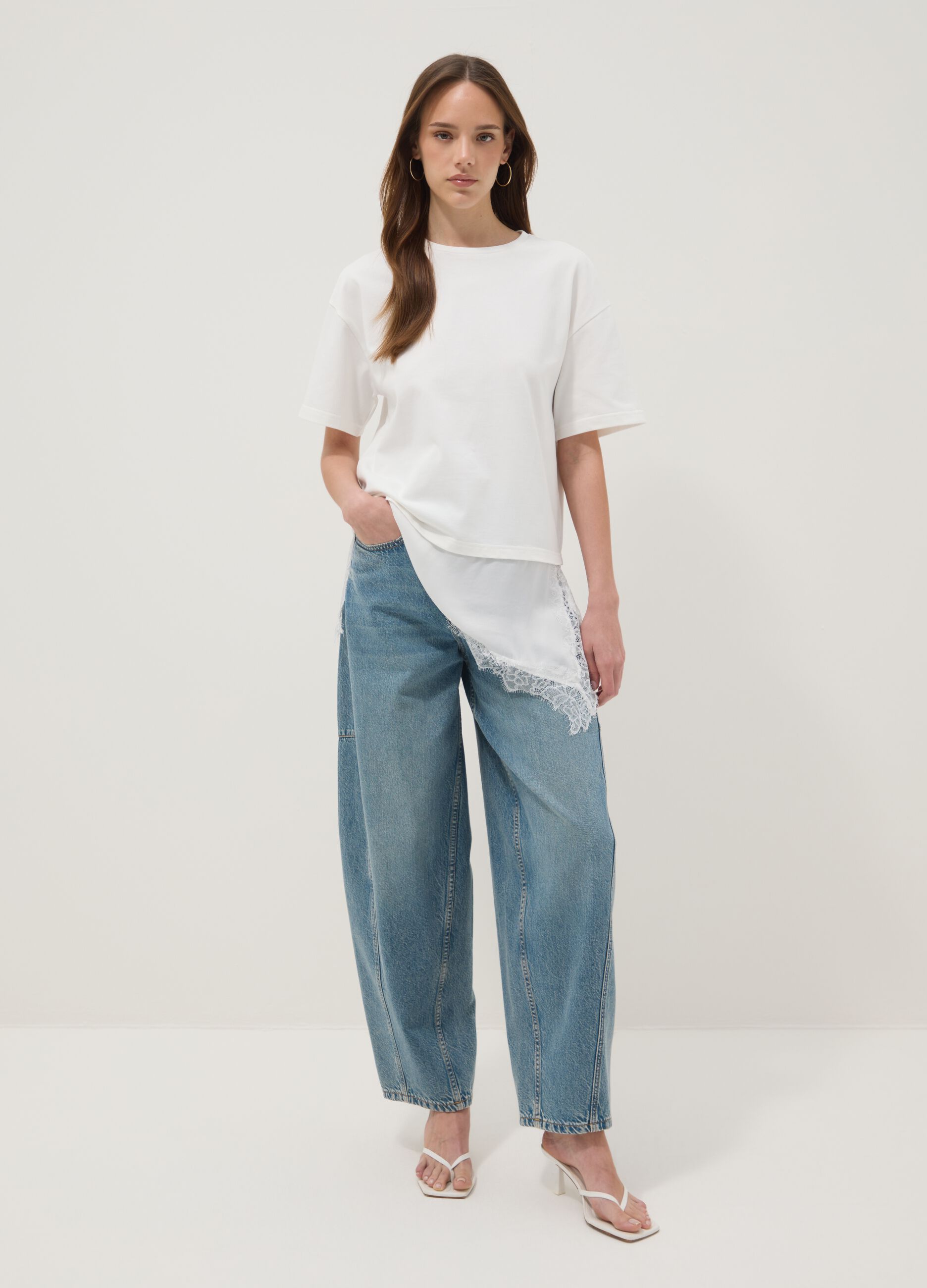 White pure cotton T-shirt with lace insert, relaxed fit