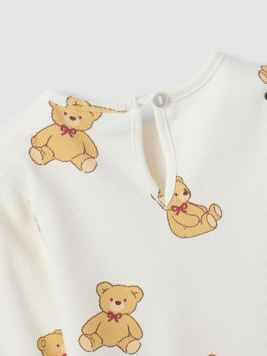 White stretchy organic cotton T-shirt with teddy bear print for baby girl_3