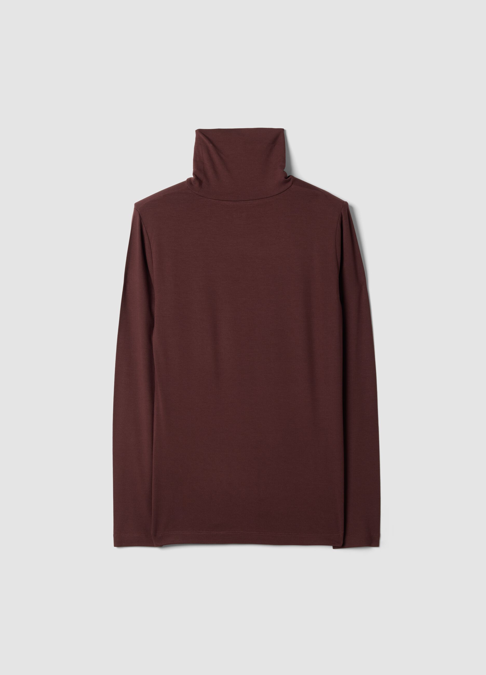 Brown stretch viscose top with high neck, regular fit