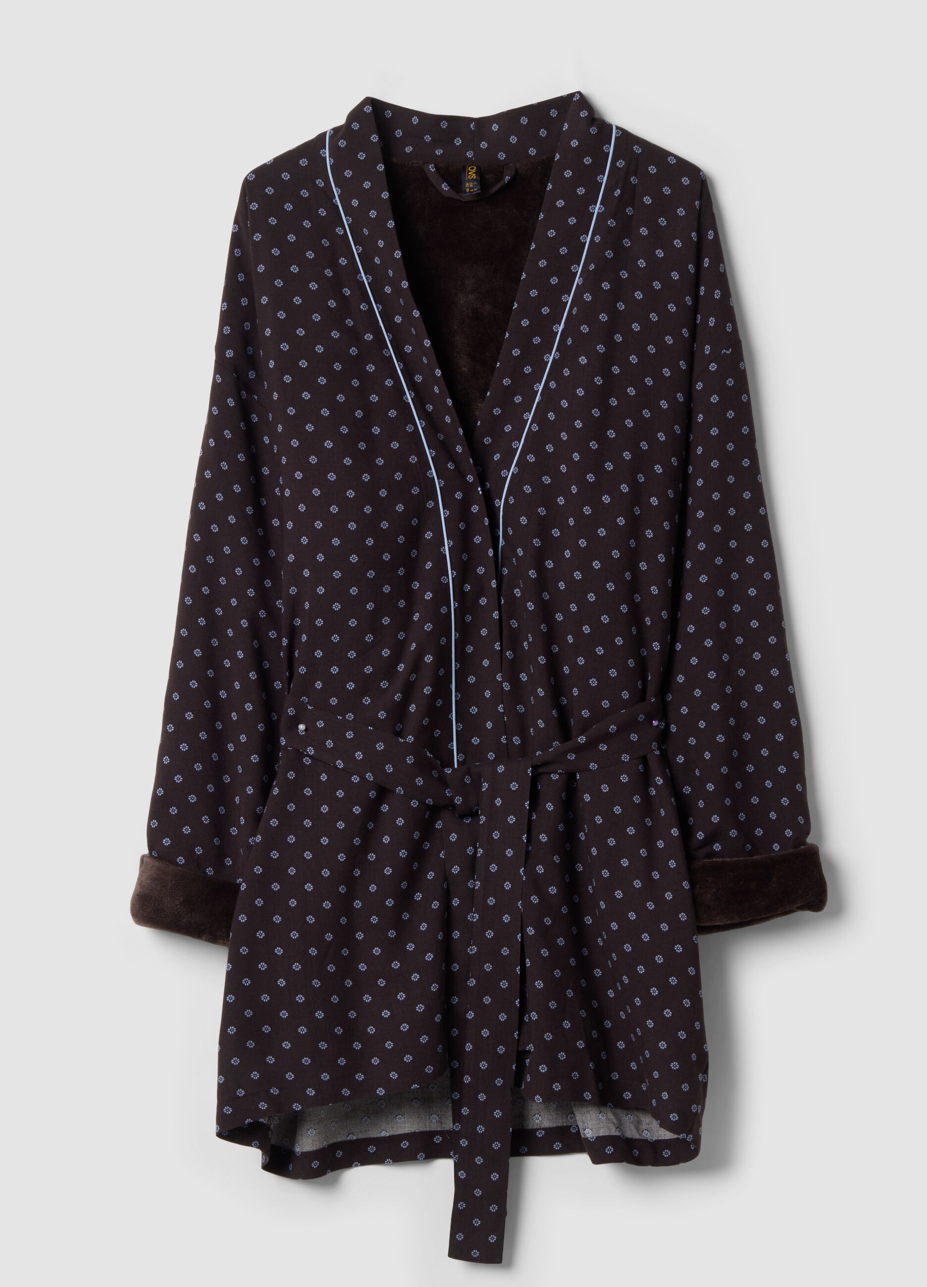 Brown pure viscose dressing gown with micro-floral print