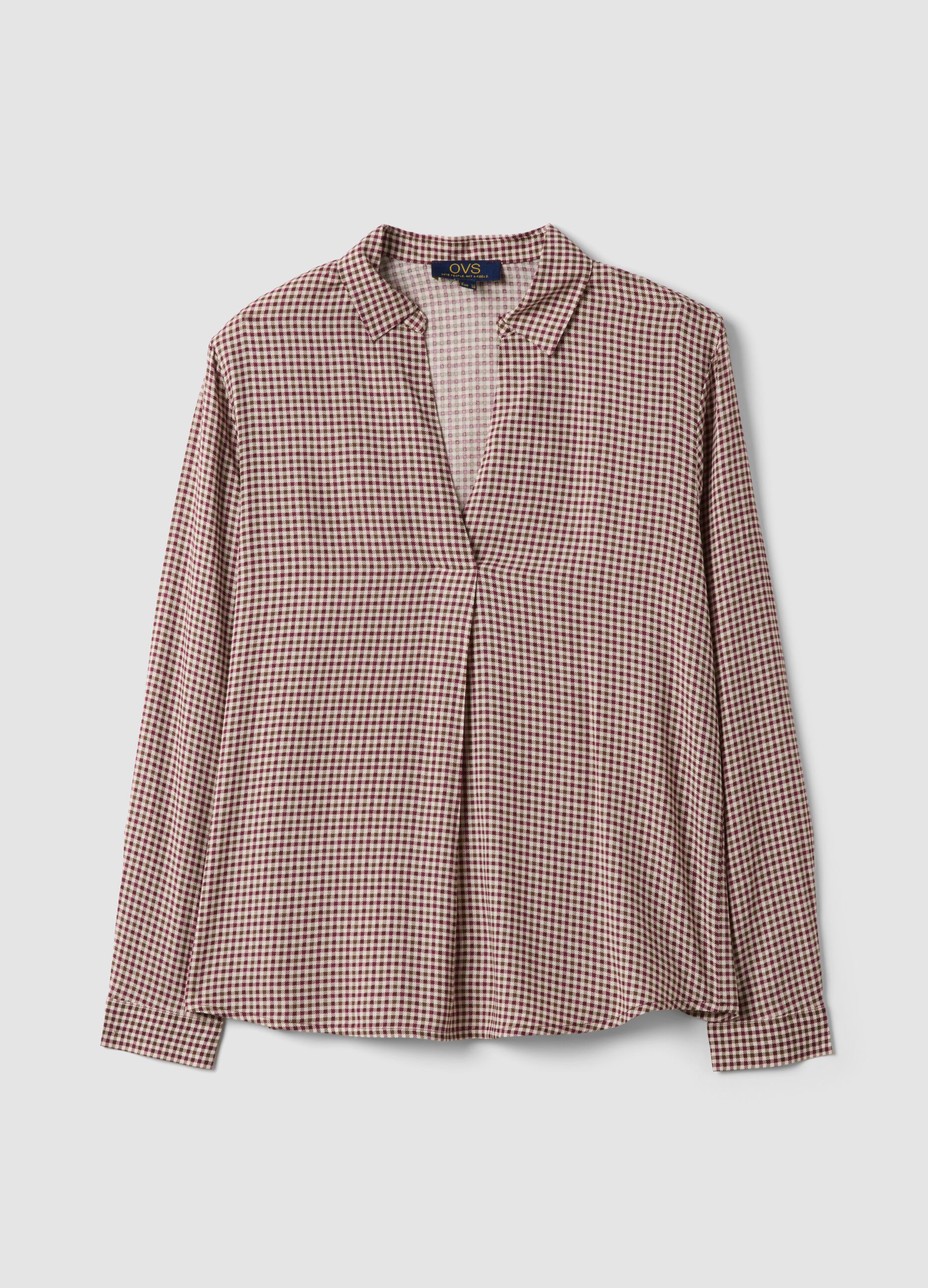 Brown checked pure viscose shirt with classic collar, regular fit