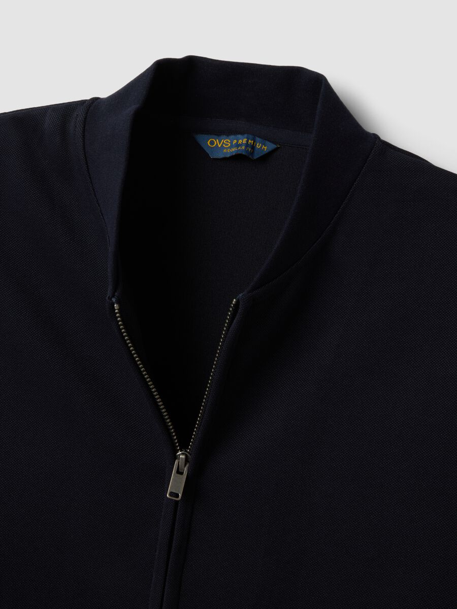 Navy full-zip sweatshirt in stretch piqu&eacute; with ribbed collar_1