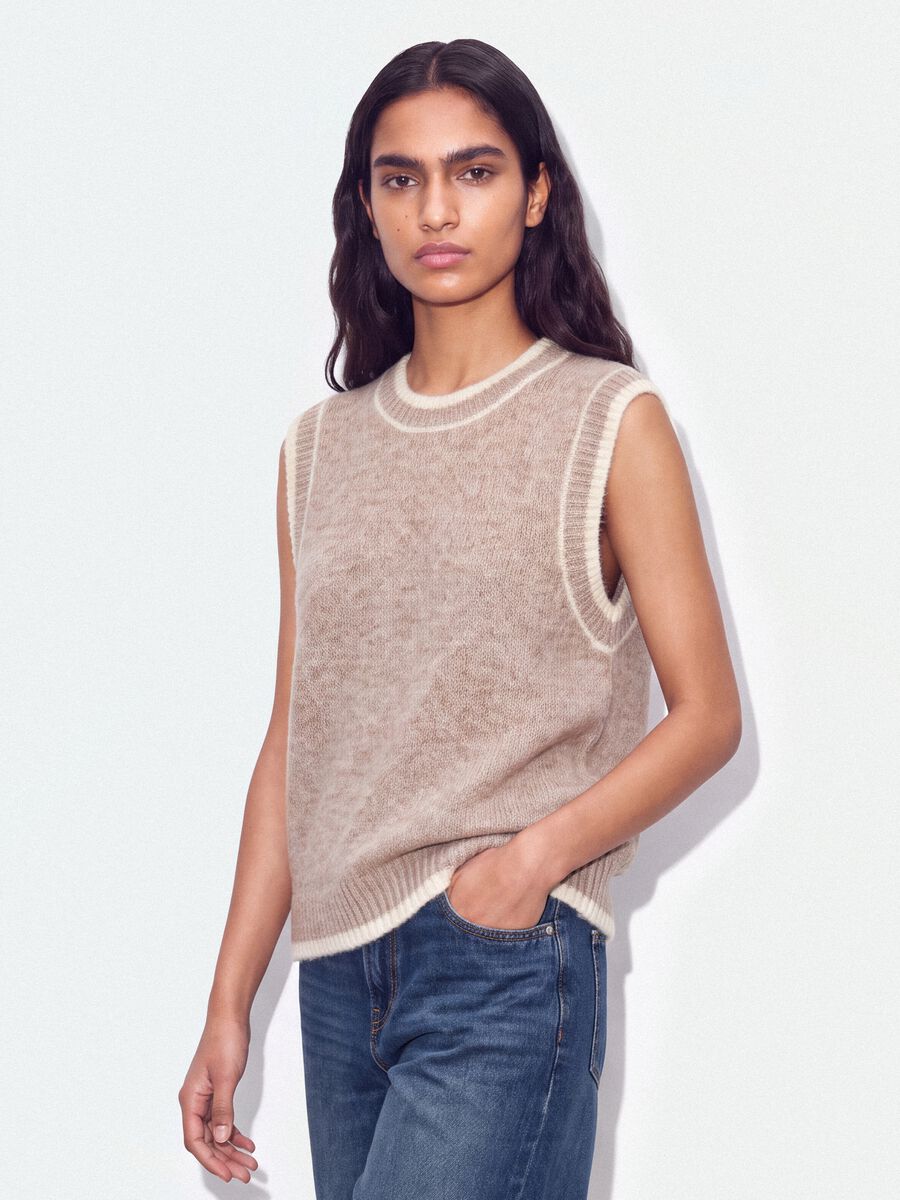Beige stretch wool crew-neck gilet with oversized fit_0