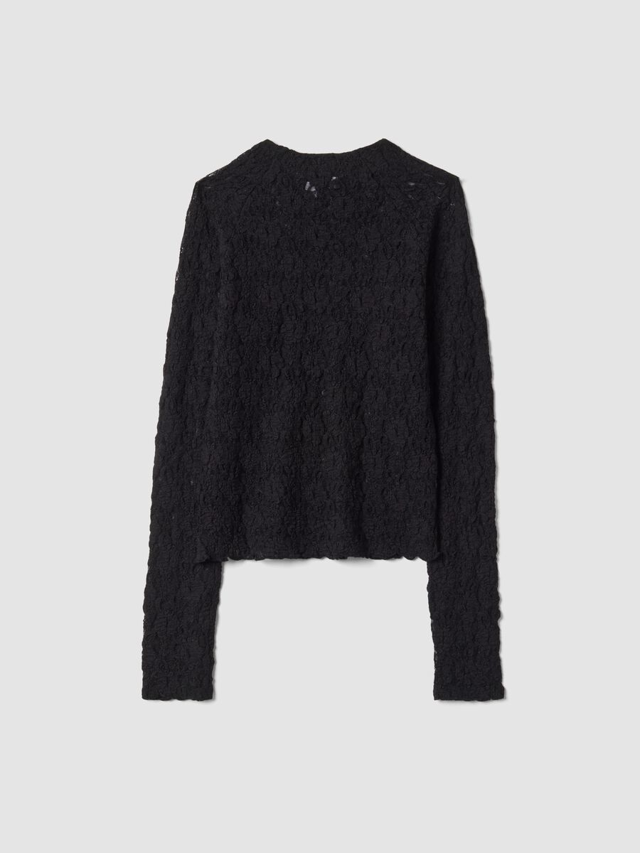 Black stretch openwork T-shirt with raised collar_2