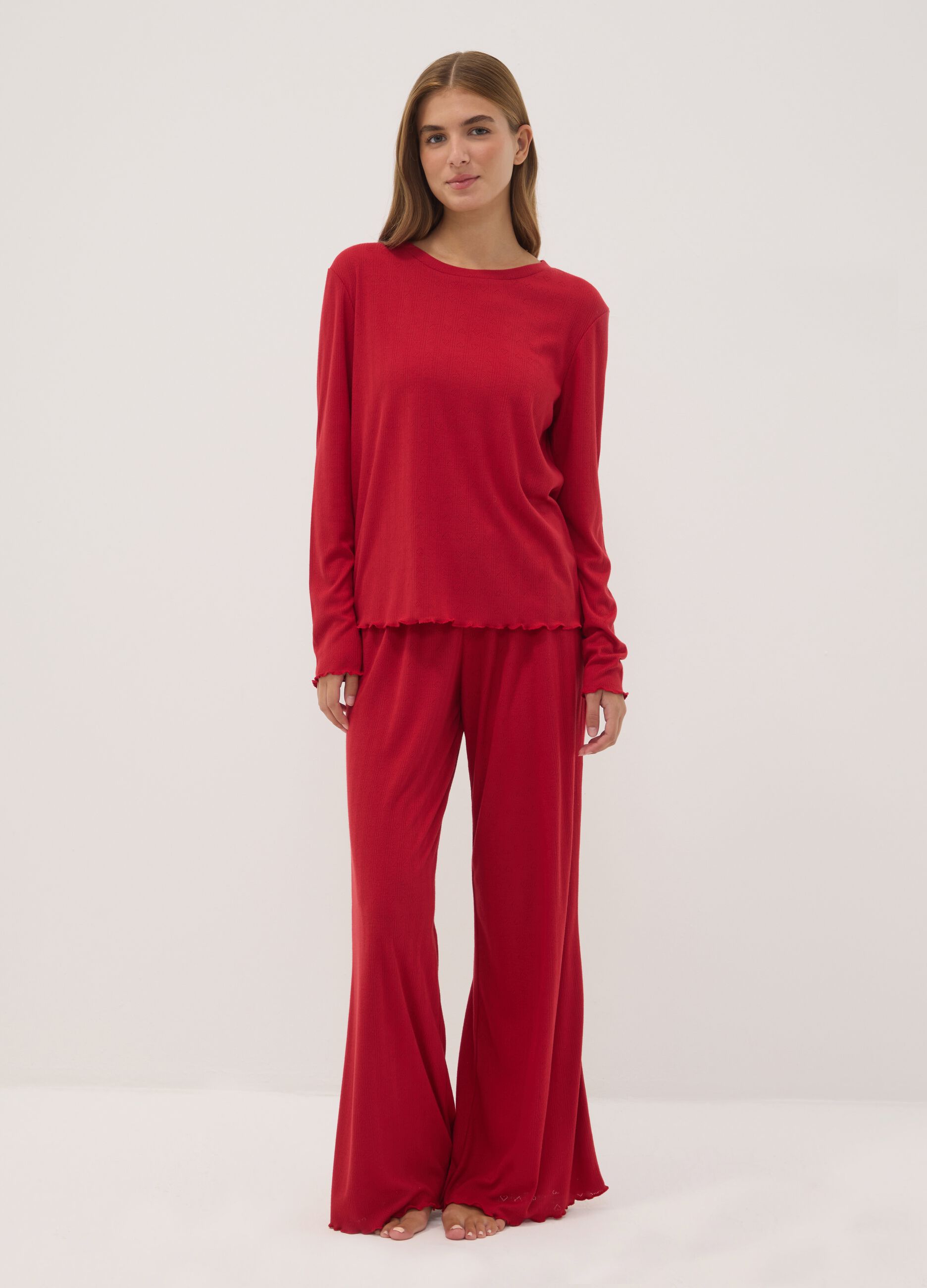Dark red viscose-blend crew-neck pyjama set