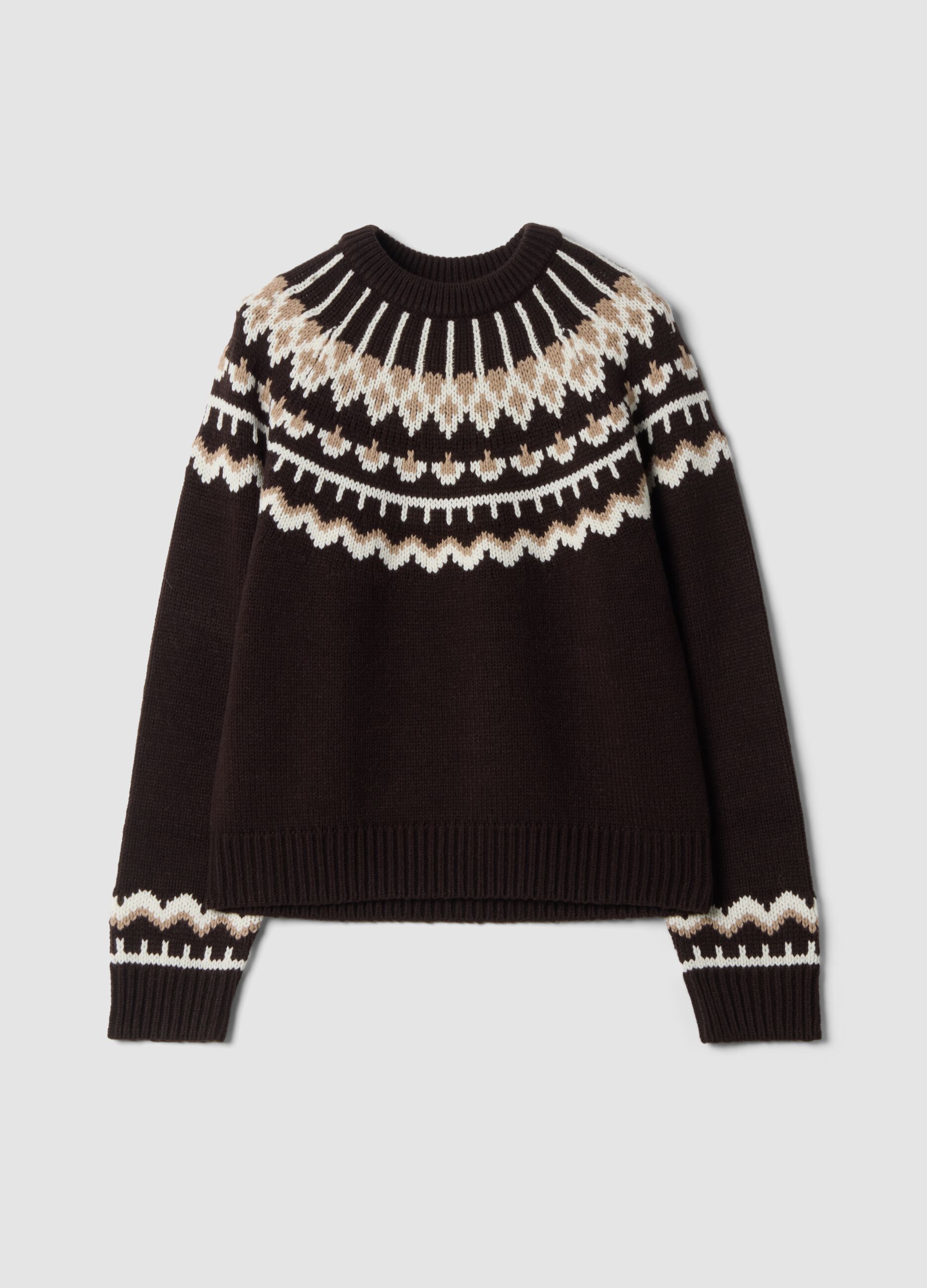Brown jacquard wool-blend crew-neck jumper, regular fit