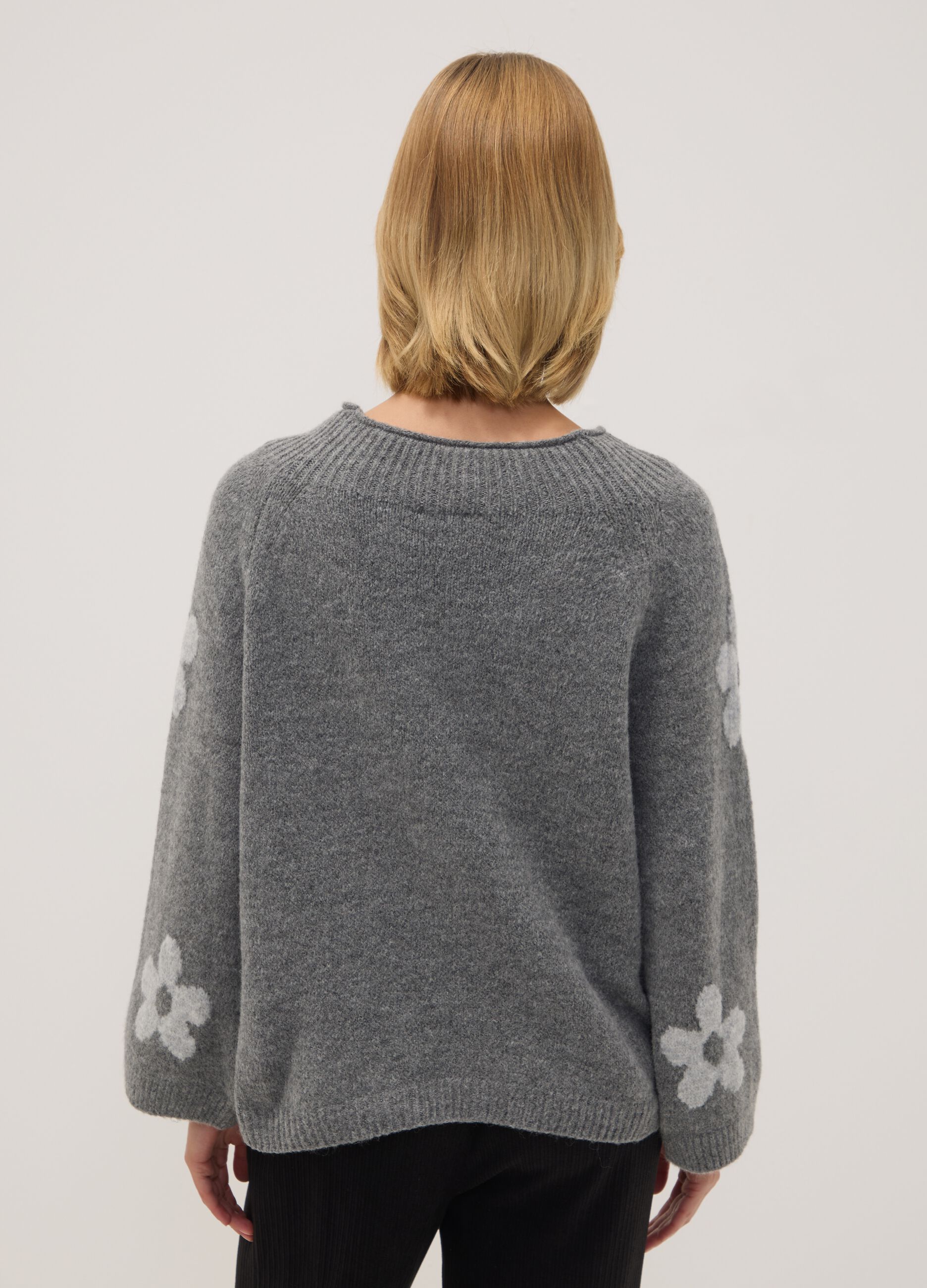 Grey wool-blend jumper with floral pattern, regular fit