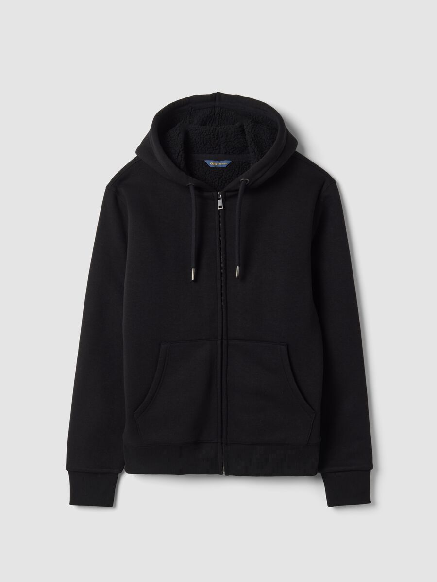 Black regular-fit fleece blend cotton hoodie_0