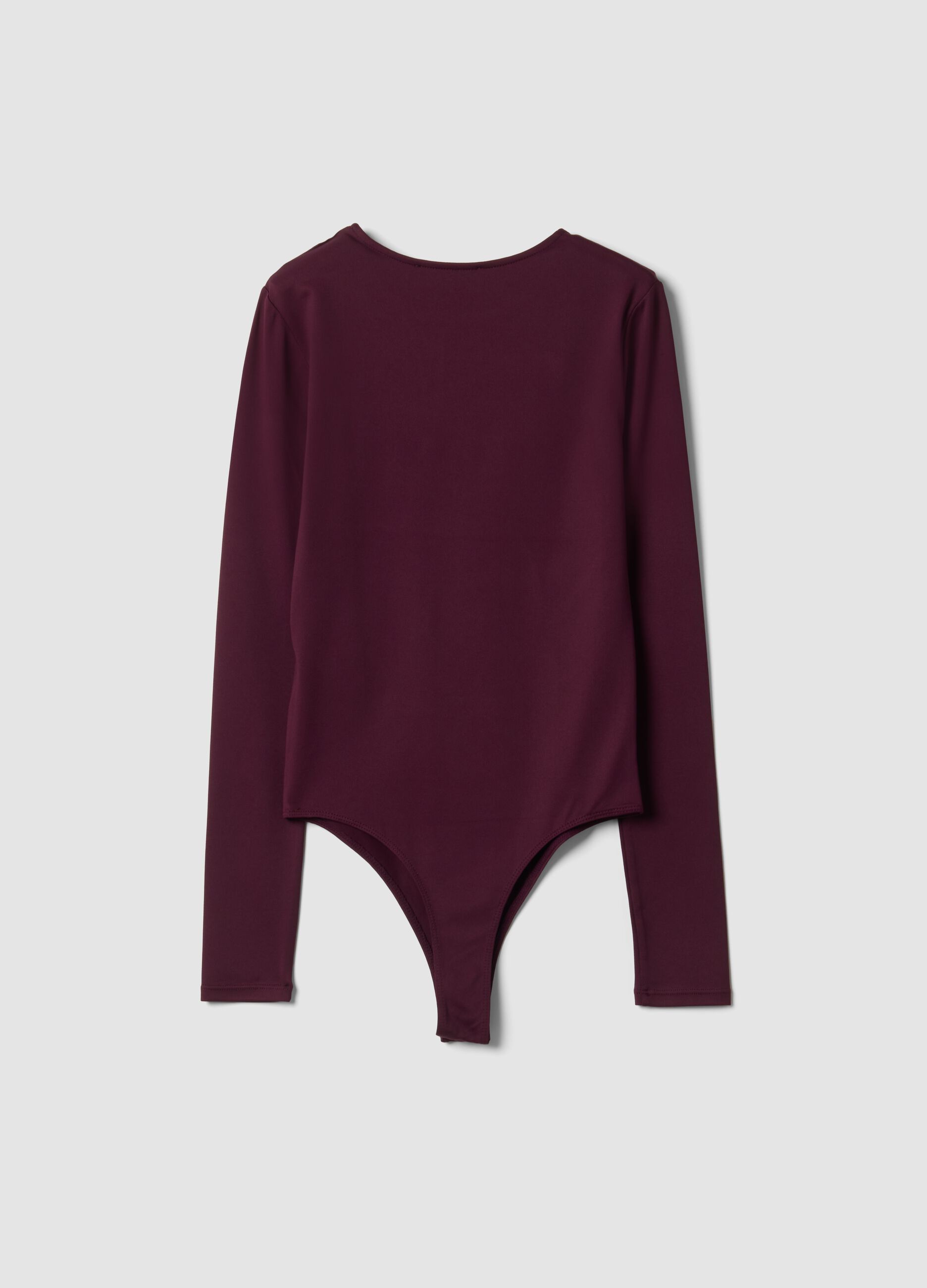 Purple fitted stretch bodysuit with crew neck