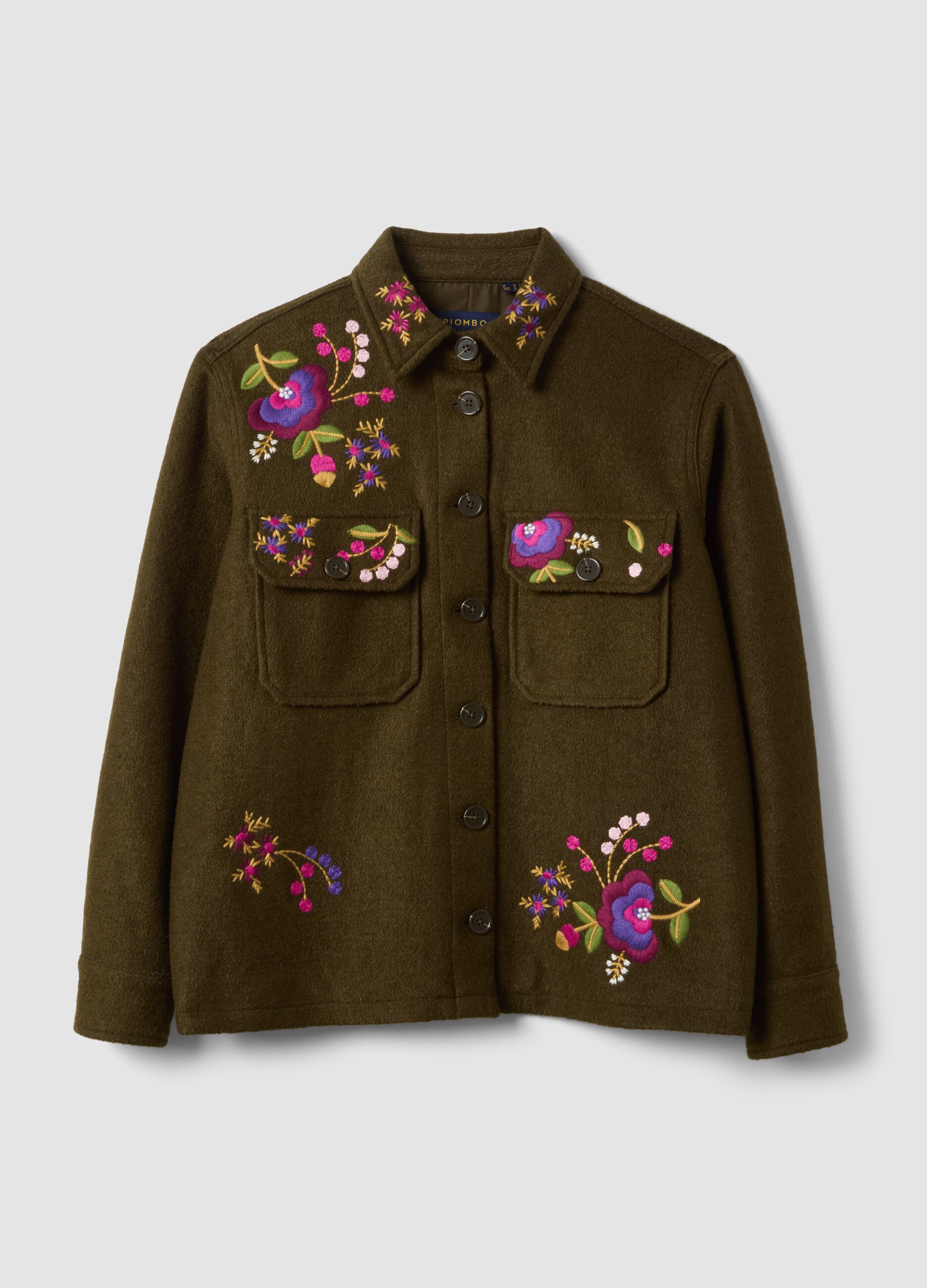 Blazer marrone in misto lana con ricami floreali