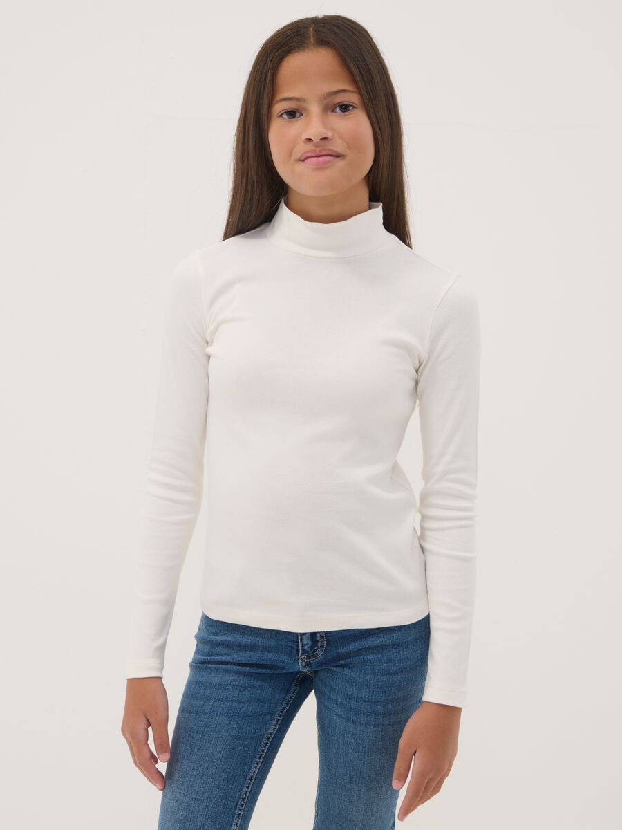 White pure organic cotton T-shirt with mock neck_0