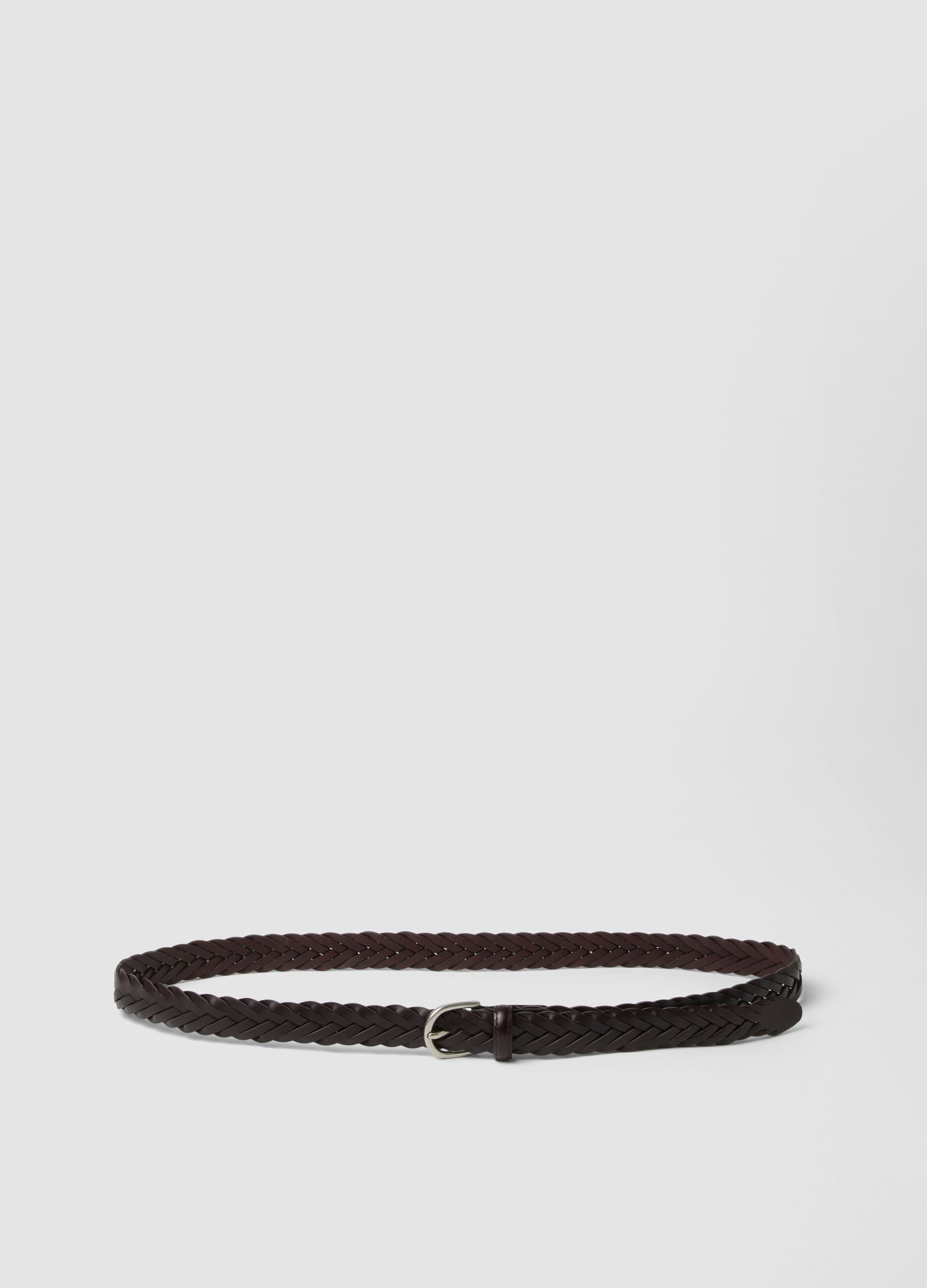 Dark brown braided belt with metal buckle