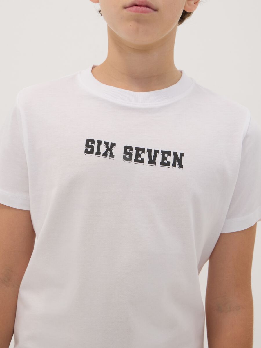 White pure cotton T-shirt with Six Seven prints, regular fit_2