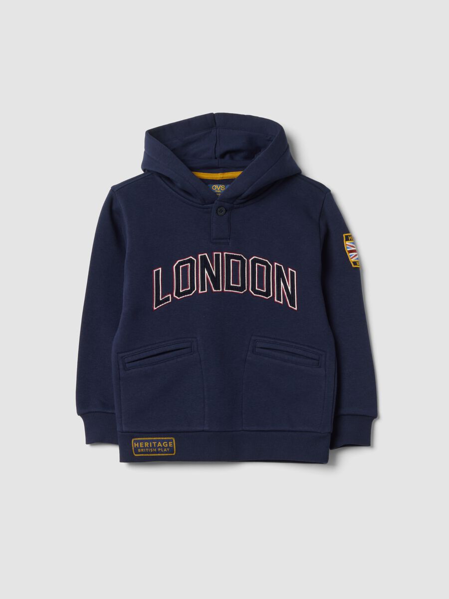 Indigo blue hooded cotton-blend sweatshirt with button, regular fit_0