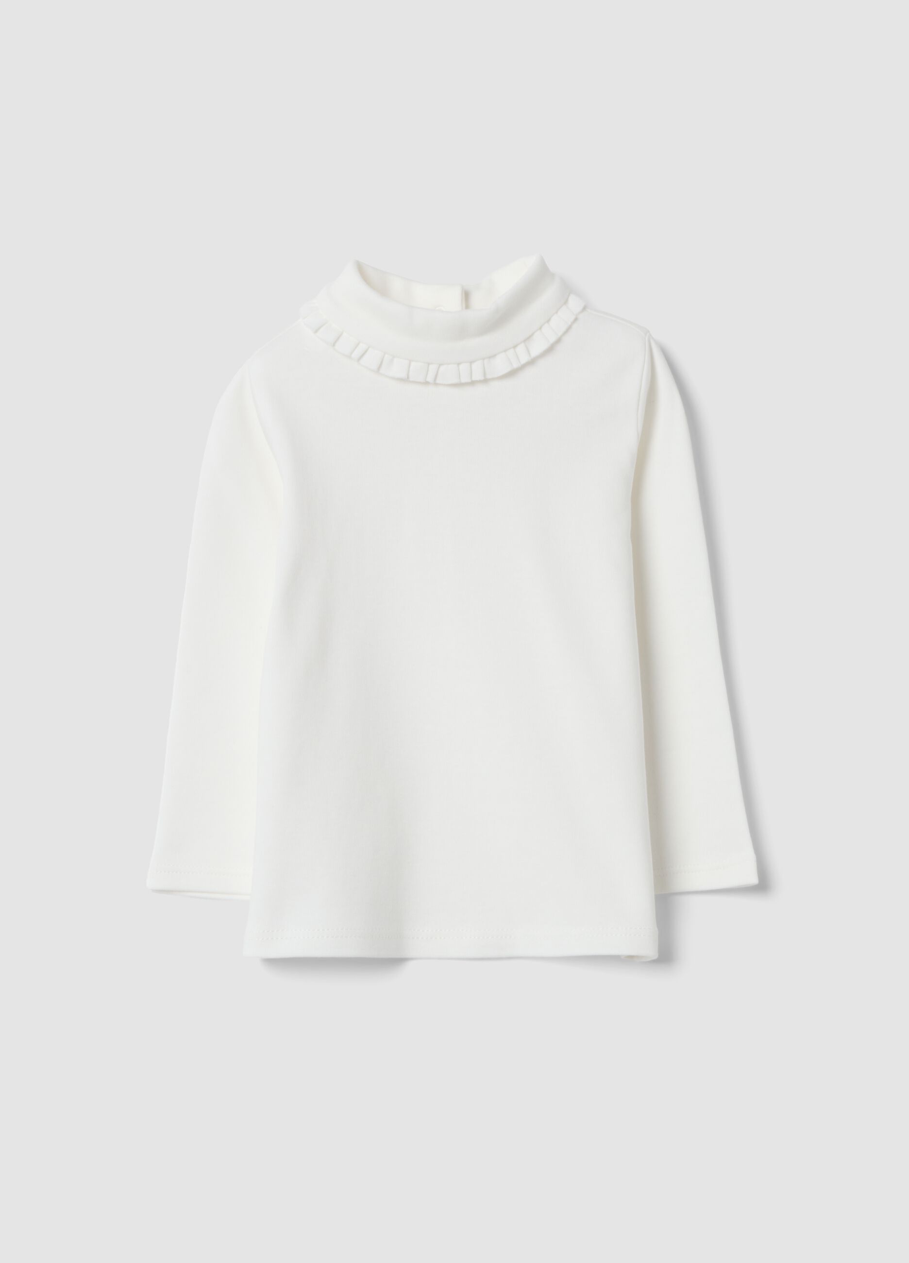 White pure cotton top with high neck and ruffles