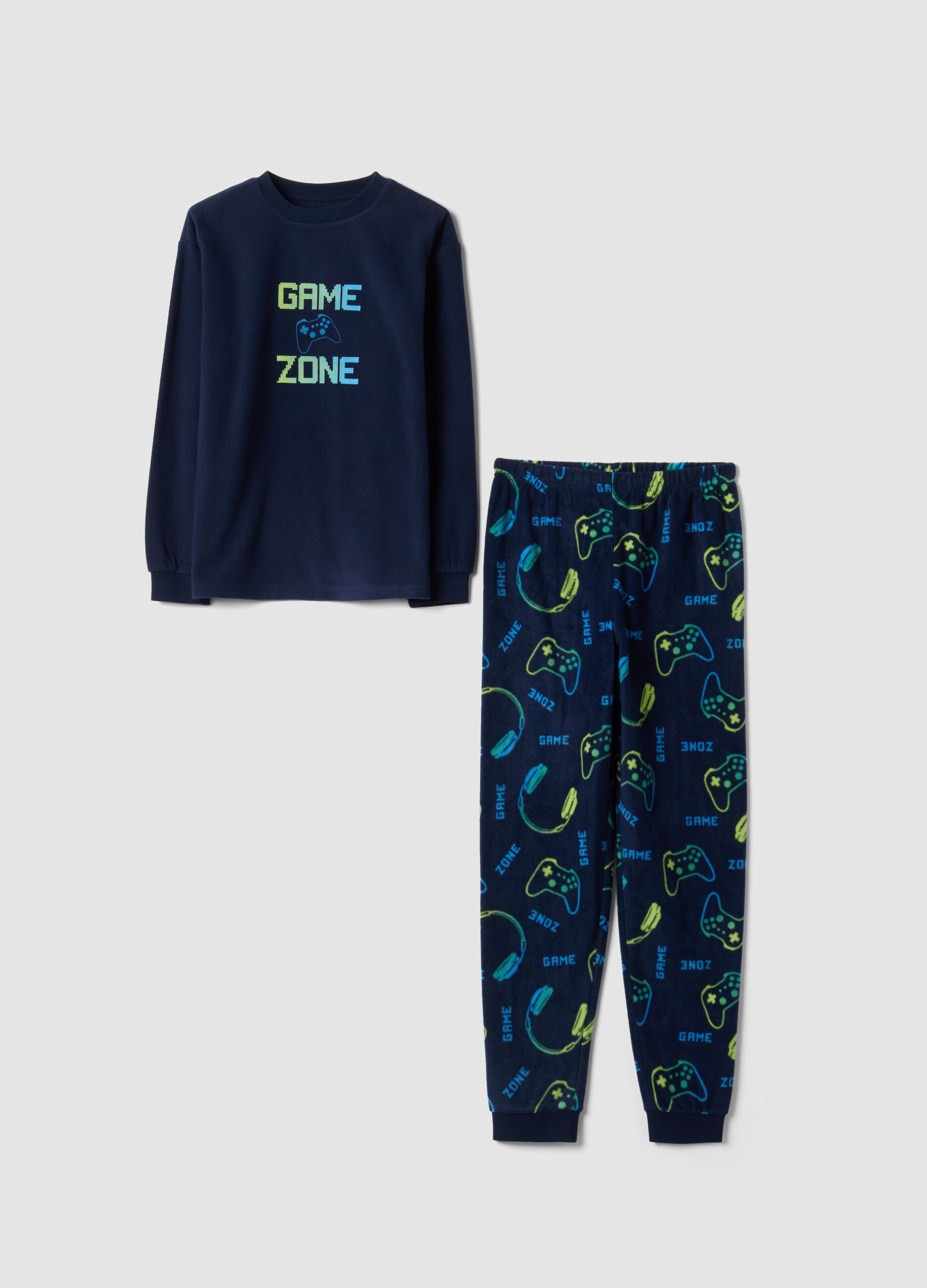 Blue crew-neck pyjamas with video game print trousers