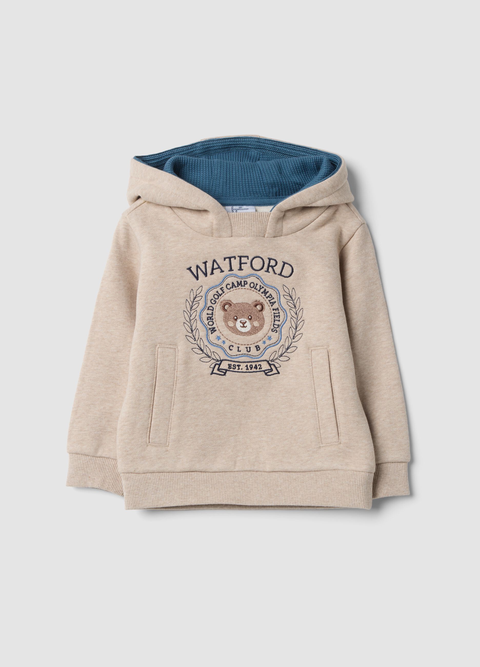 Beige pure cotton hoodie sweatshirt with crew neck