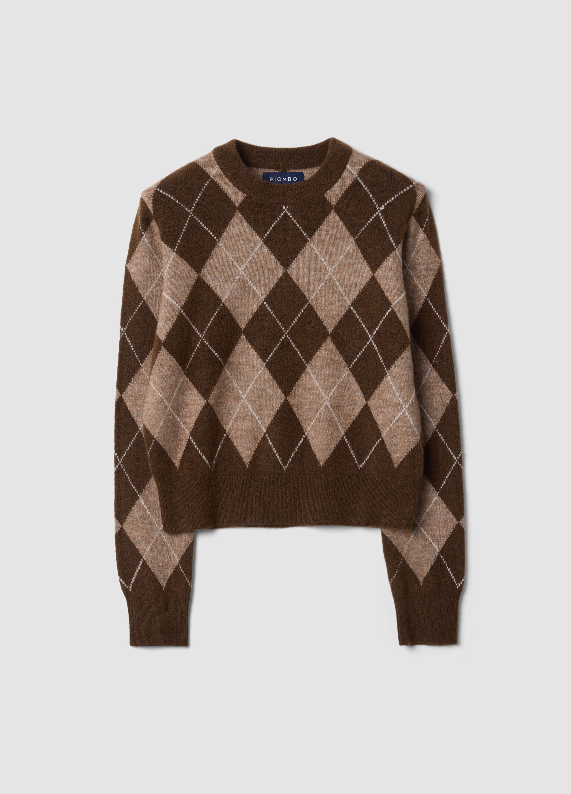 Maglia marrone in lana elasticizzato a rombi girocollo