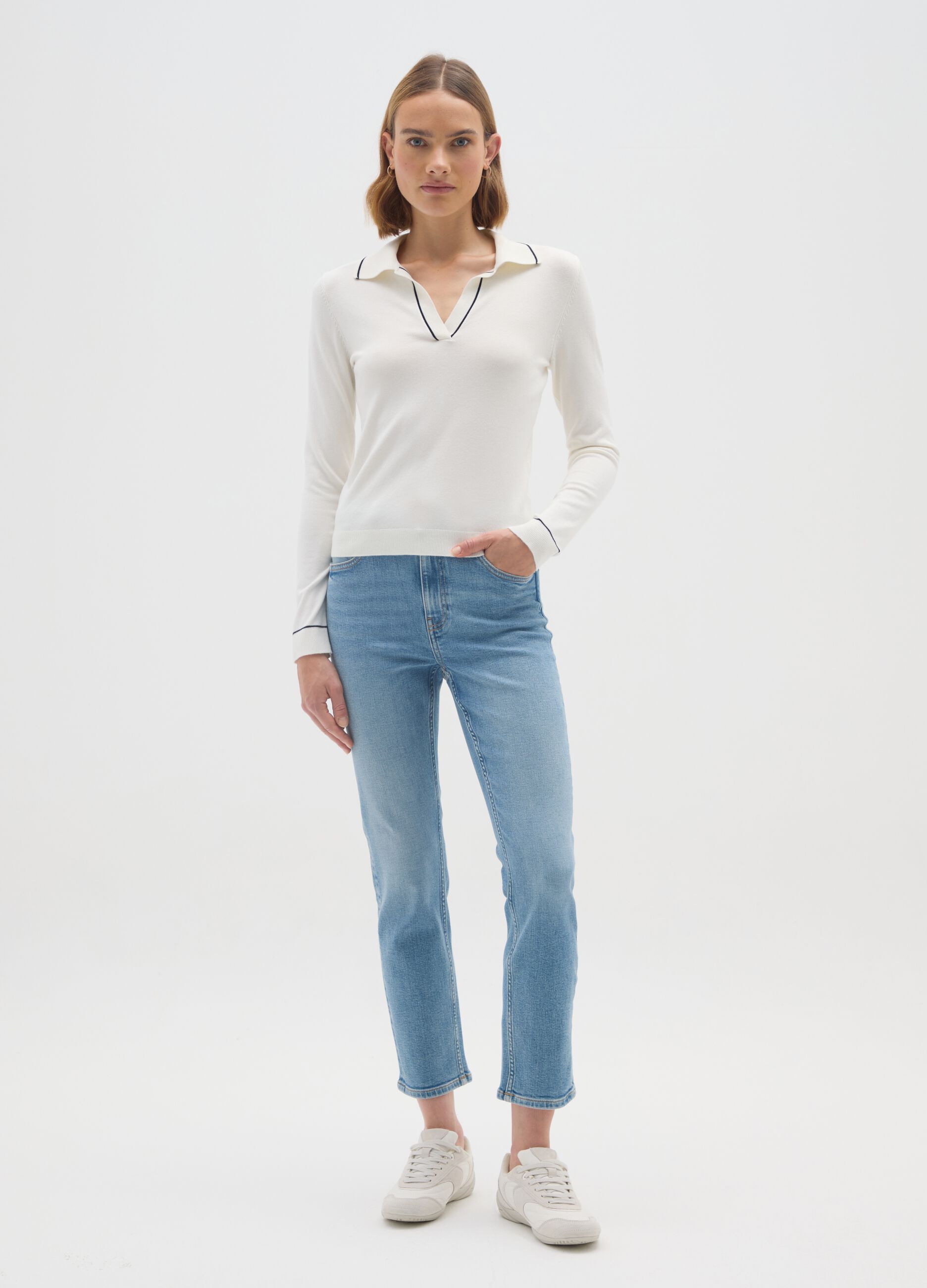 White Polo Sweater in Viscose Blend
