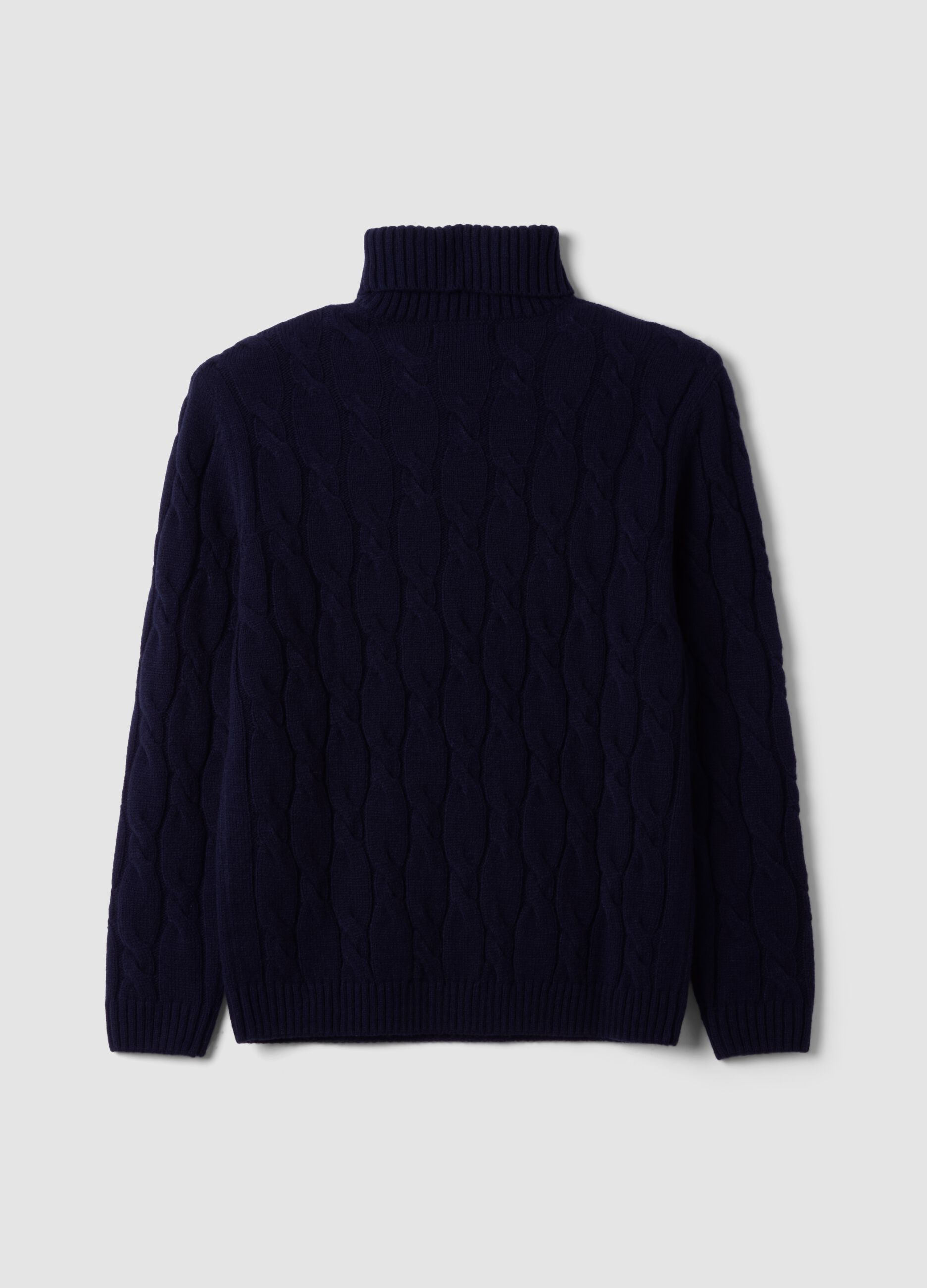 Navy blue cable-knit wool-blend regular-fit roll-neck jumper