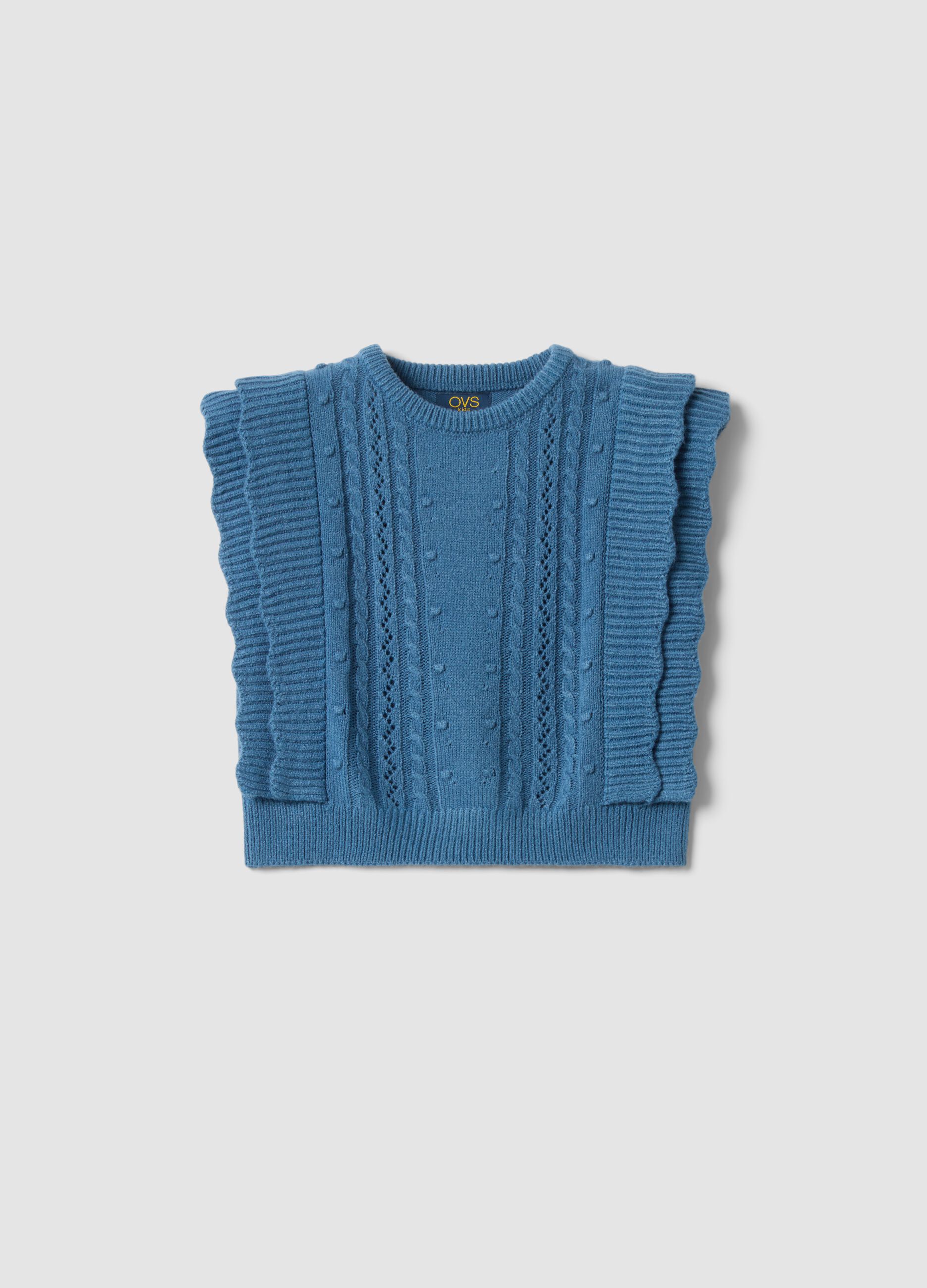 Blue knitted gilet with ruffles and cable knit