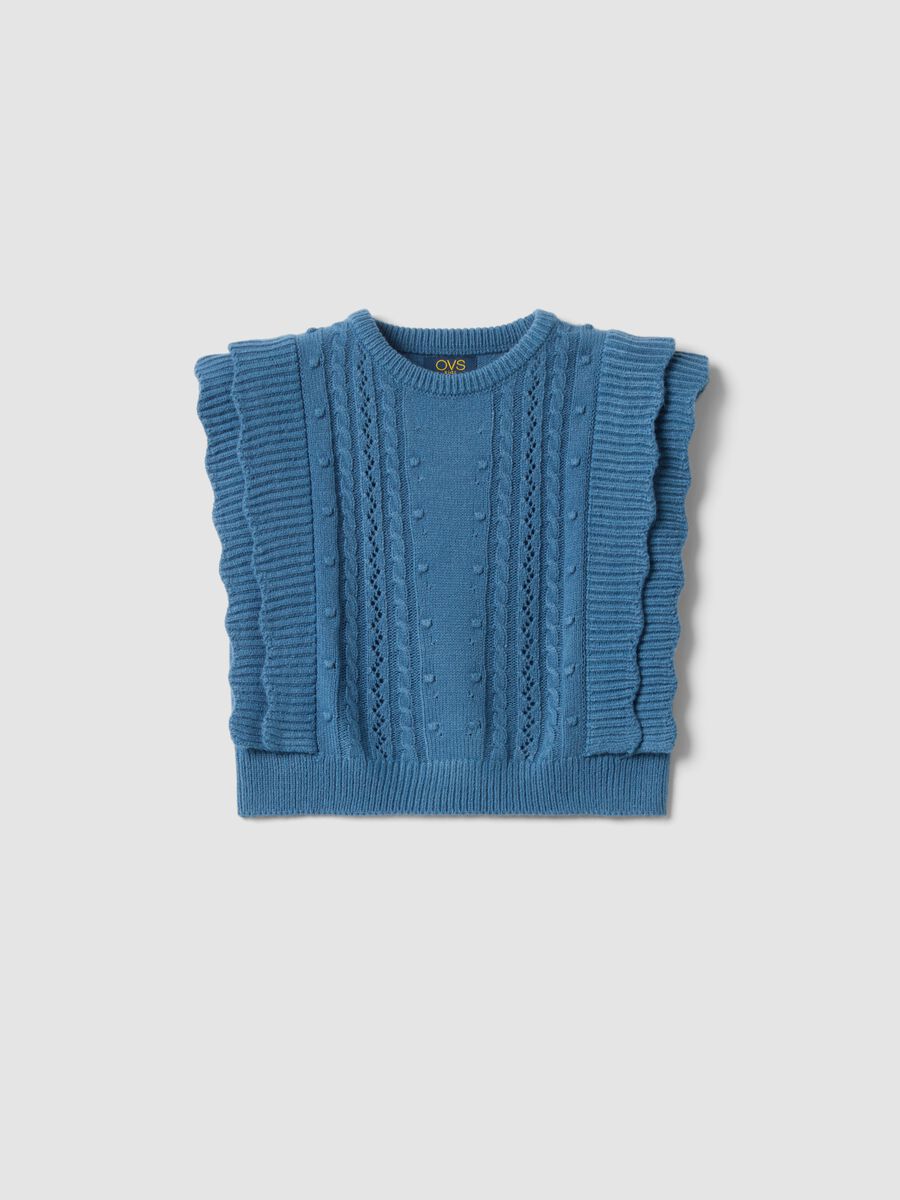 Blue knitted gilet with ruffles and cable knit_0
