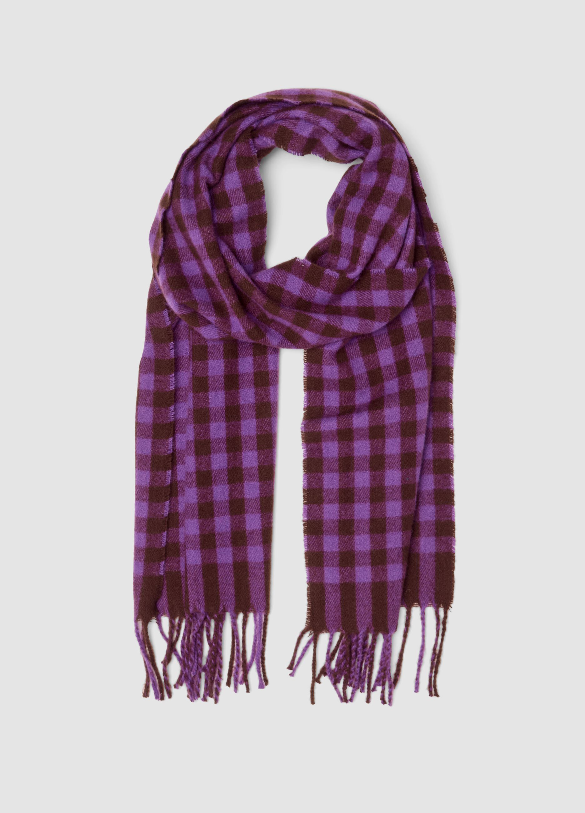 Purple checked viscose-blend scarf with fringes