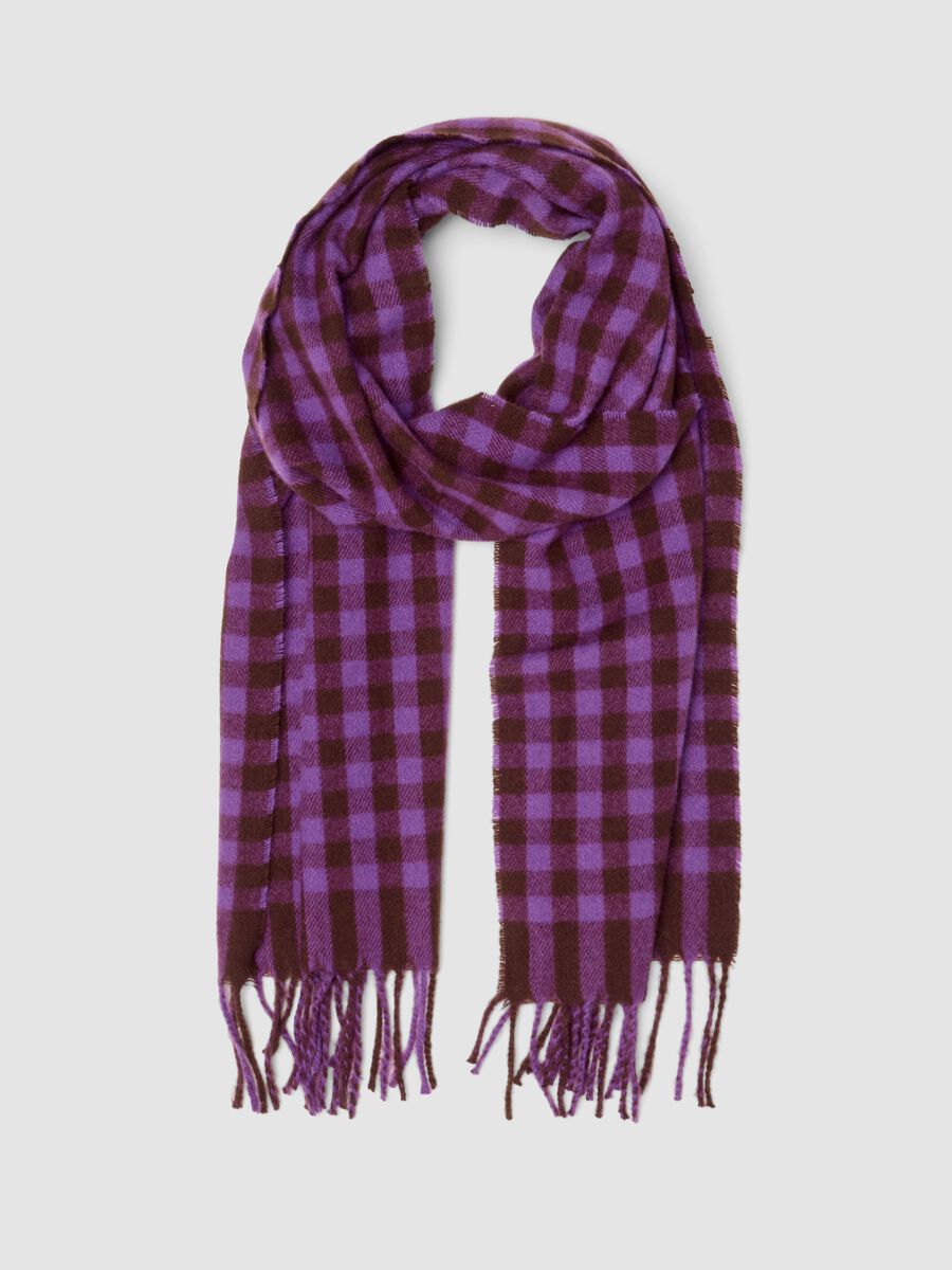 Purple checked viscose-blend scarf with fringes_0