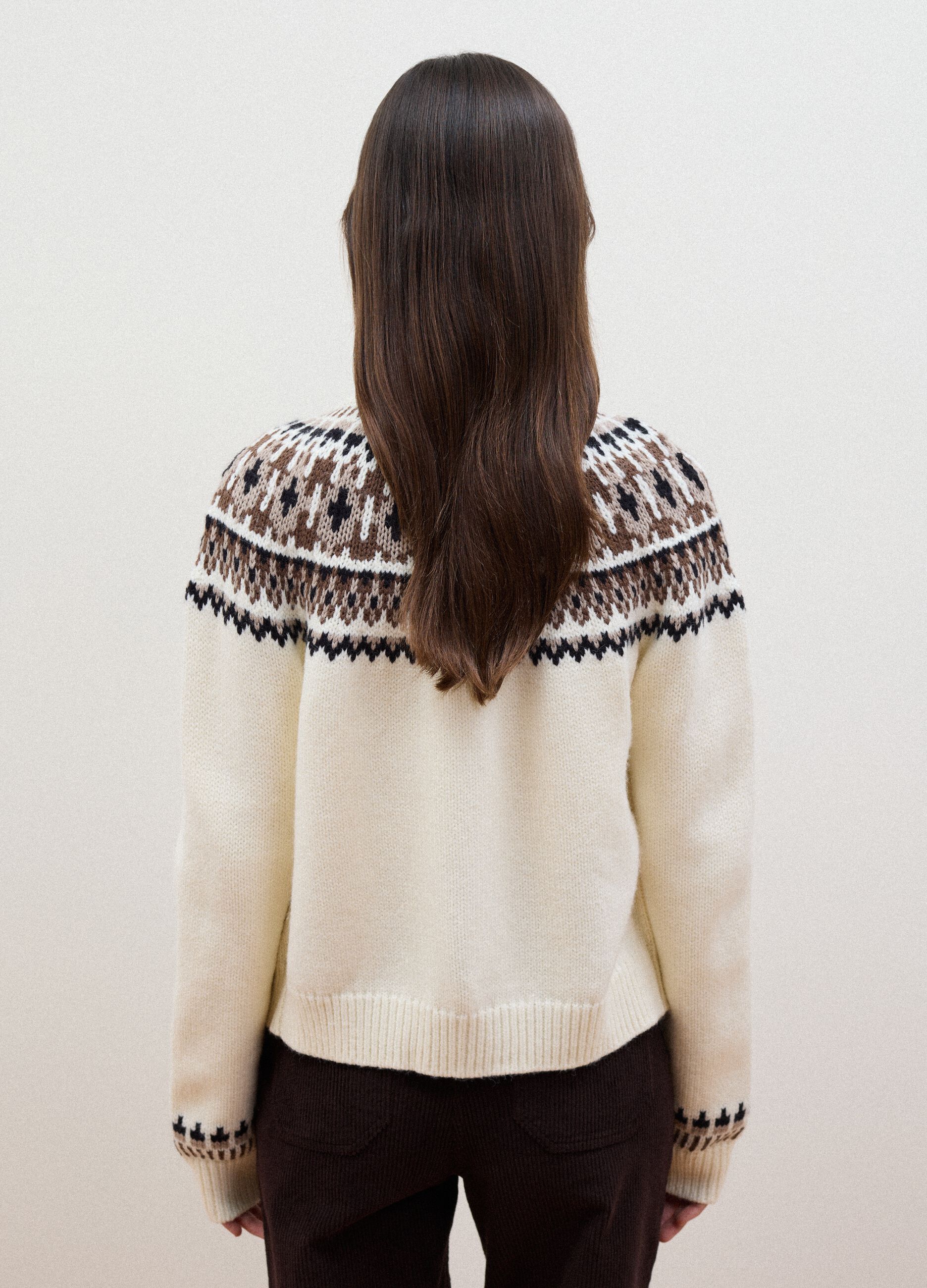 White jacquard wool-blend crew-neck cardigan