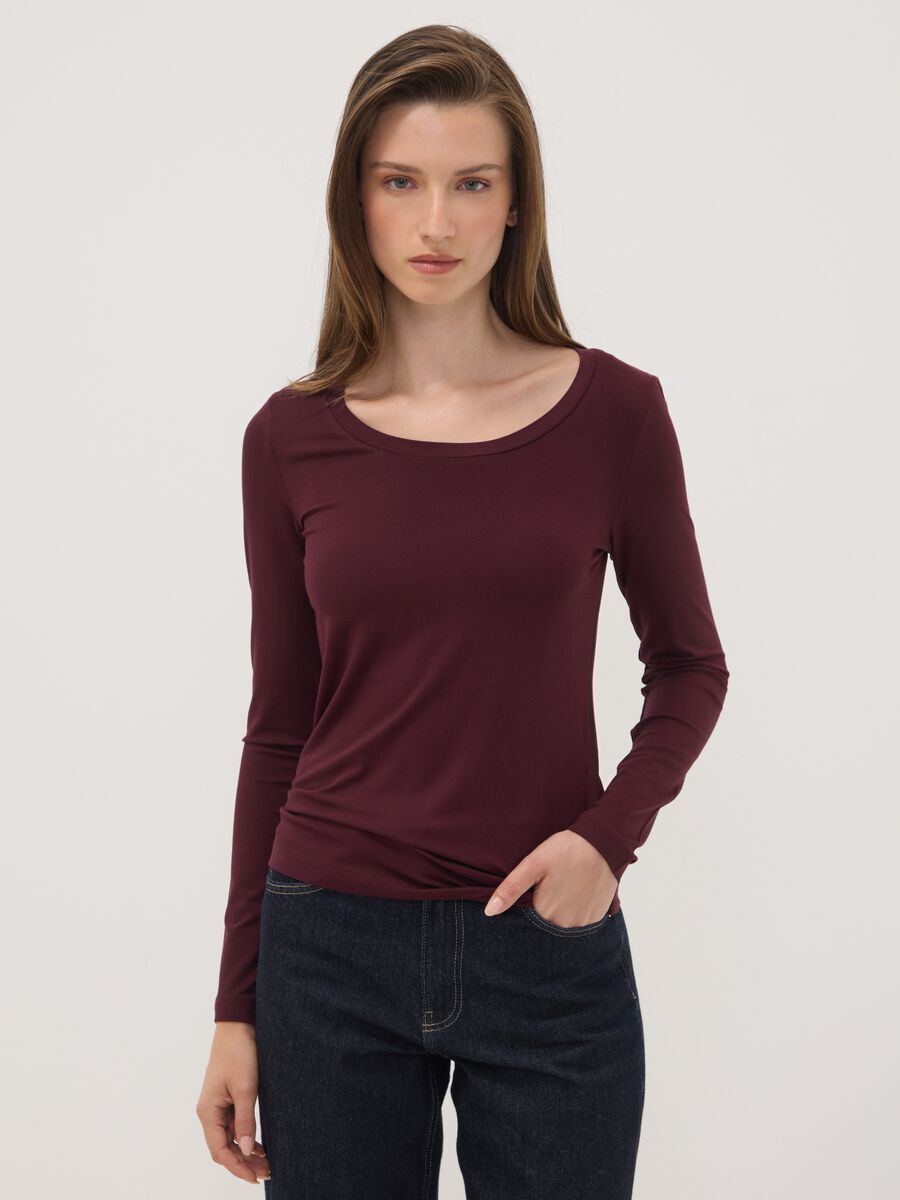 Purple stretch viscose slim-fit crew-neck T-shirt_0